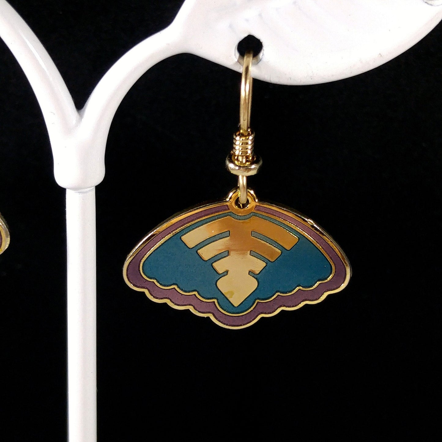 Vintage Laurel Burch Teal & Purple Enamel Drop Earrings, Gold Plated