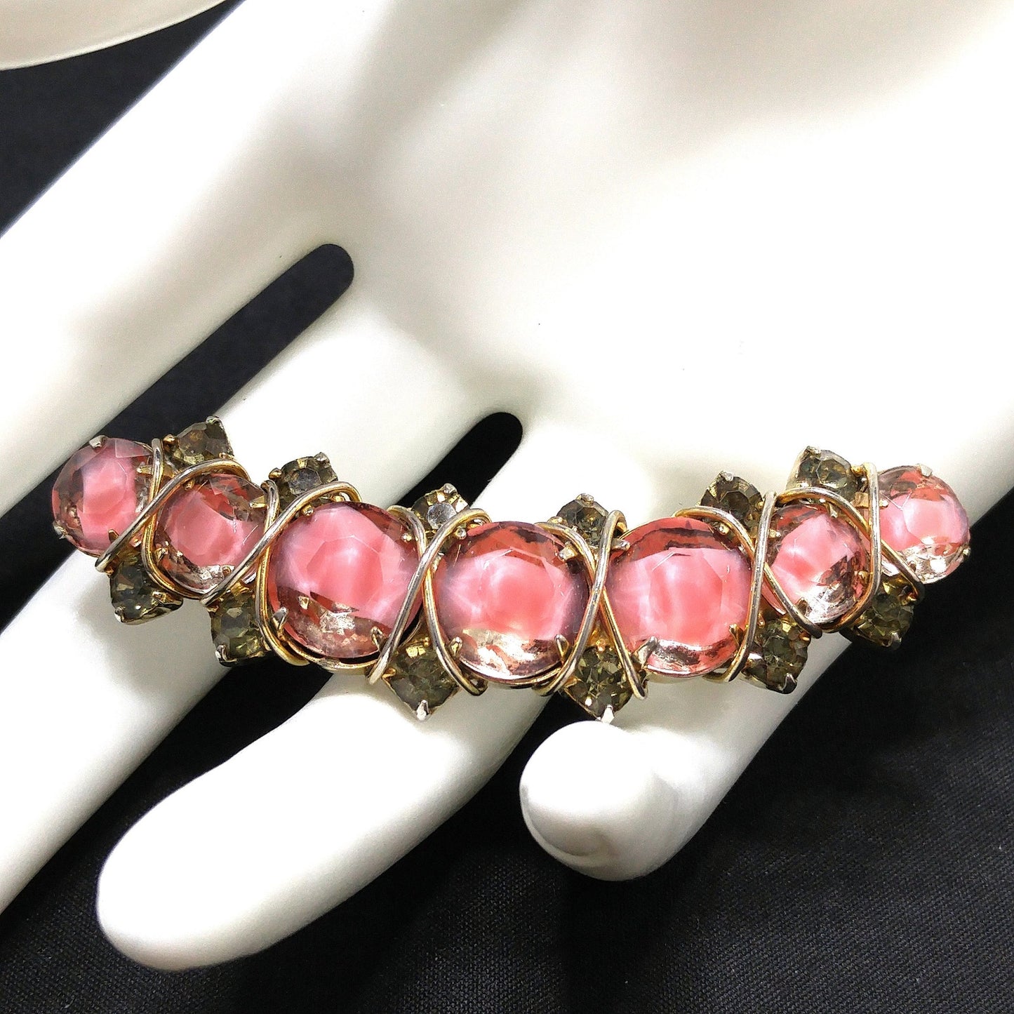 Hattie Carnegie Pink Art Glass Brooch, Gold Plated, Wire Wrapped, 1960s Vintage Jewelry