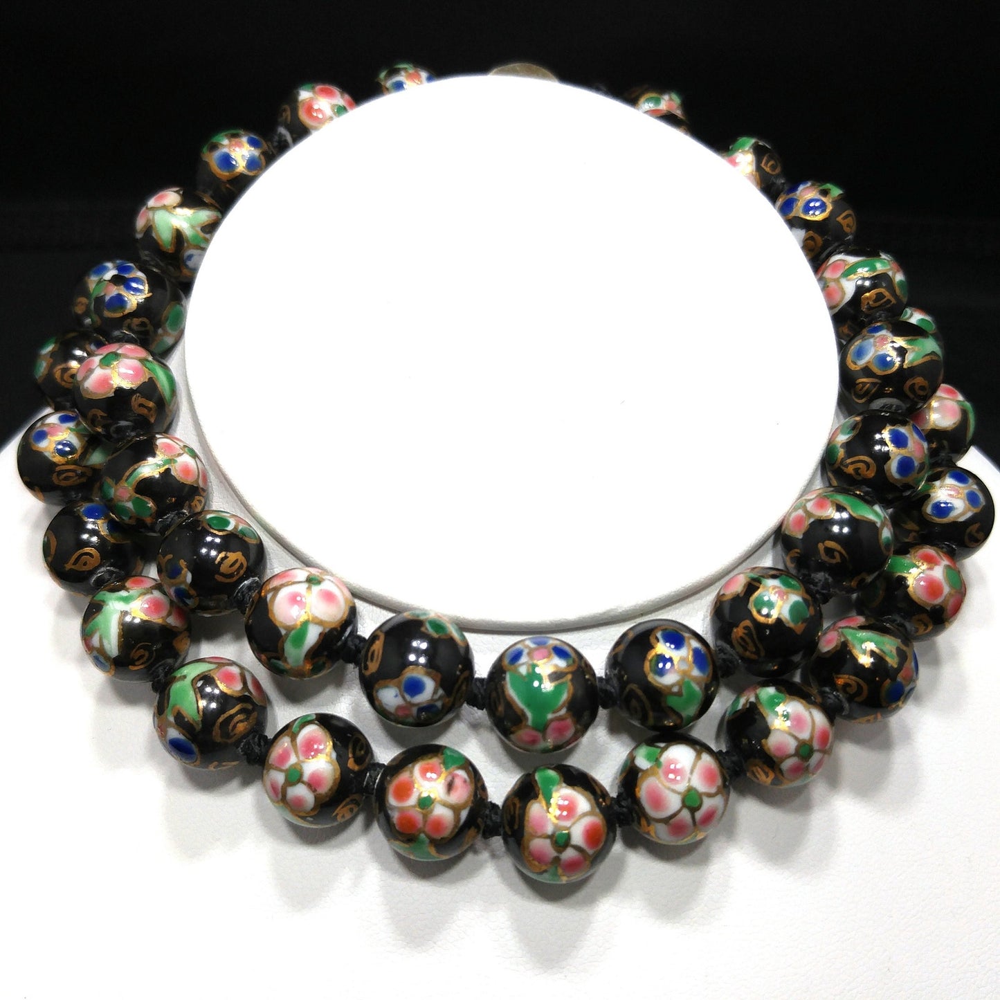 Vintage Black Cloisonné Floral Beaded Necklace, Pink Green Flowers, 1960s Vintage Jewelry