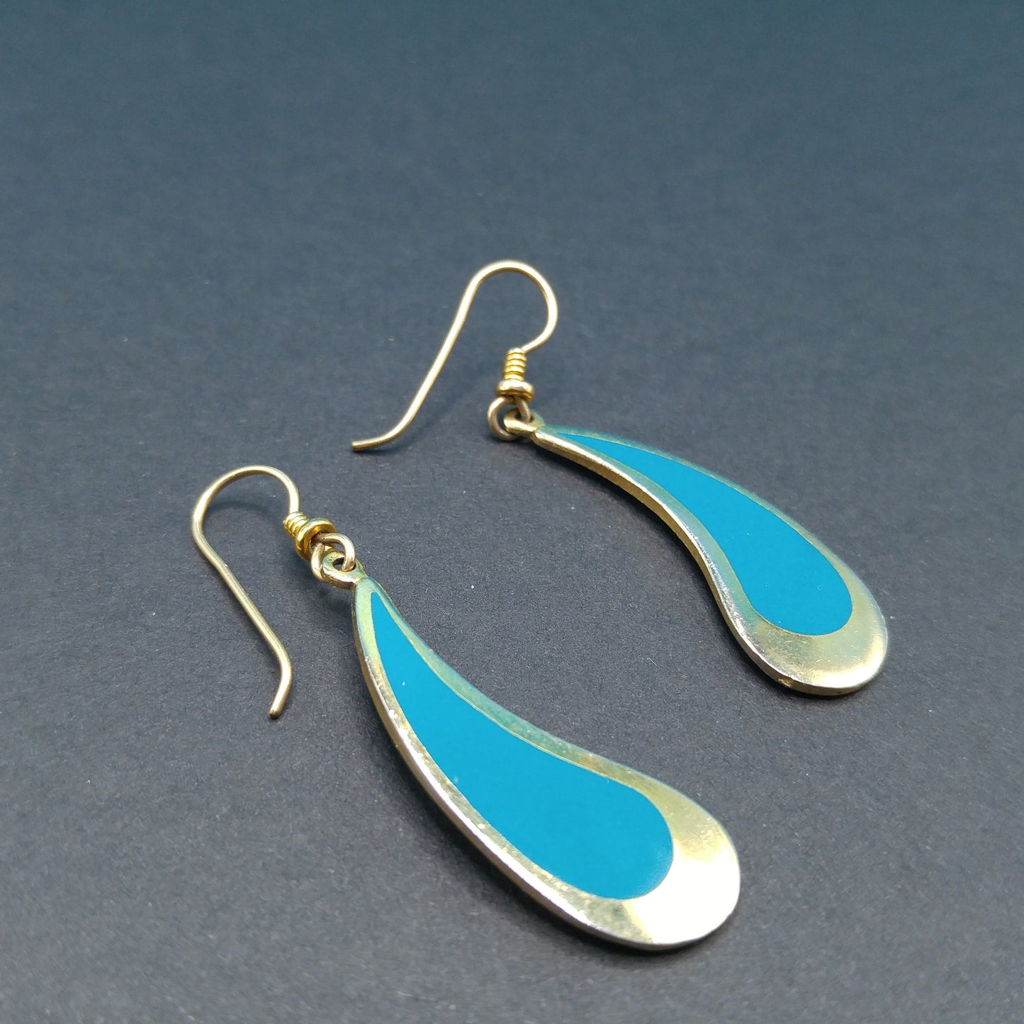 Vintage Laurel Burch Turquoise Drop Earrings, Curved Teardrop, Gold Plated