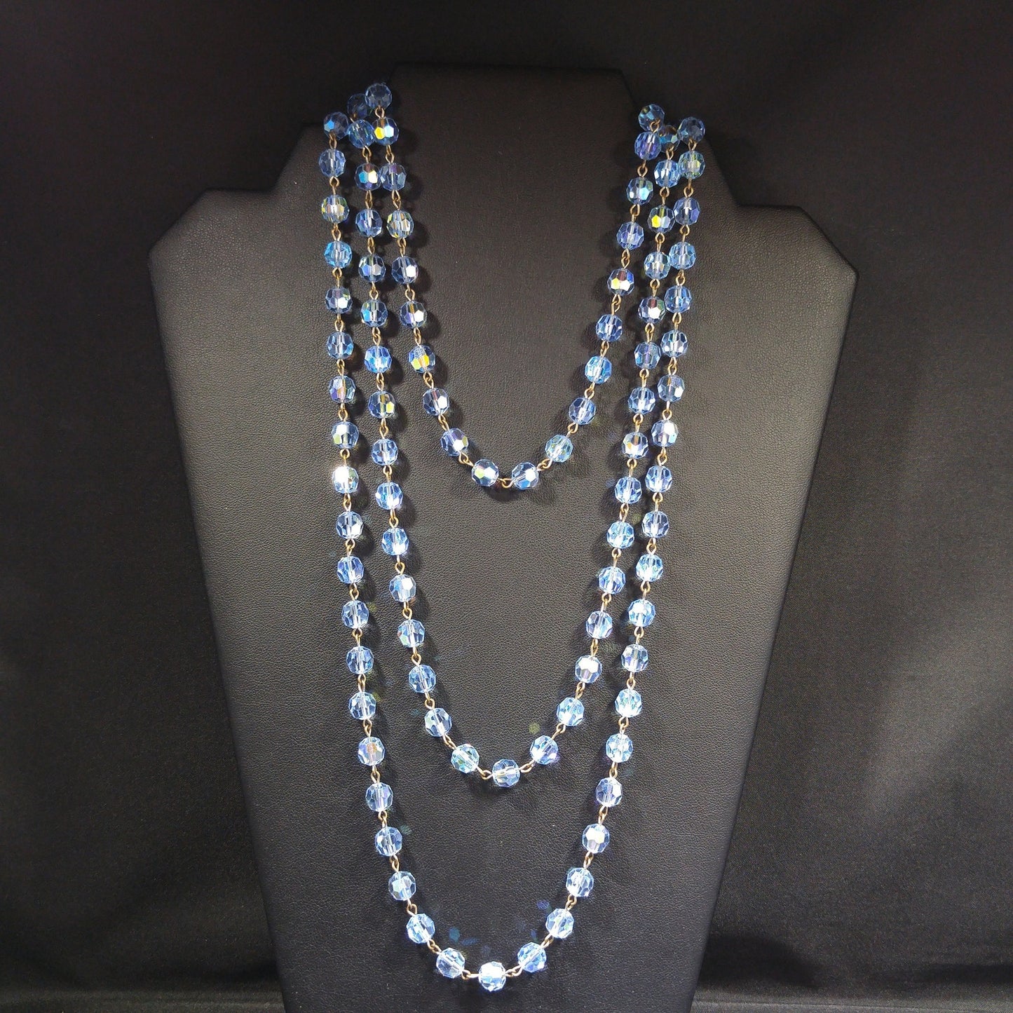 Blue Austrian Crystal Beaded Necklace, Long Rosary Style, 1960s Vintage Jewelry