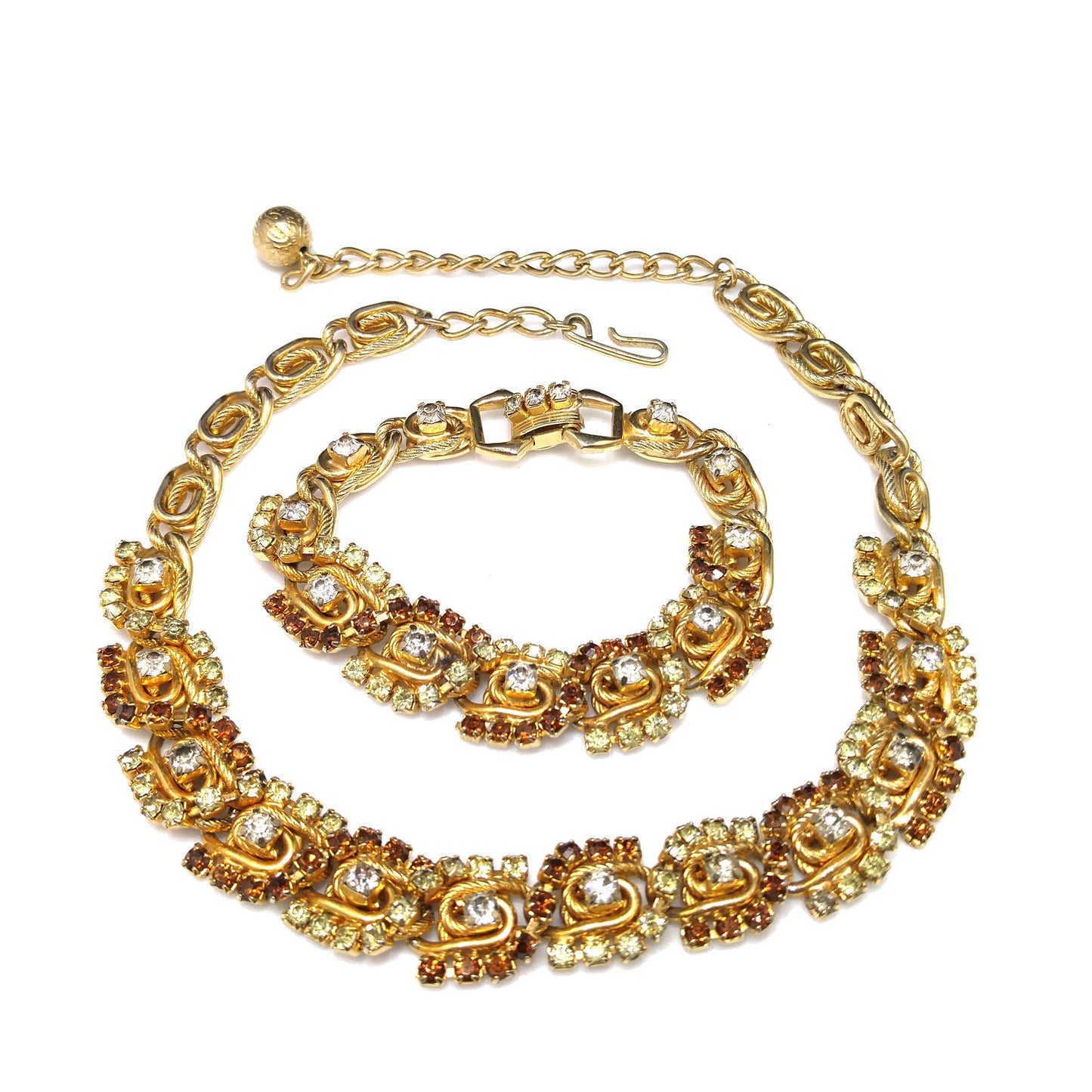 Hobe' Topaz Lt. Green Clear Rhinestone Necklace Bracelet Set, Gold Plated, 1960s Vintage Jewelry