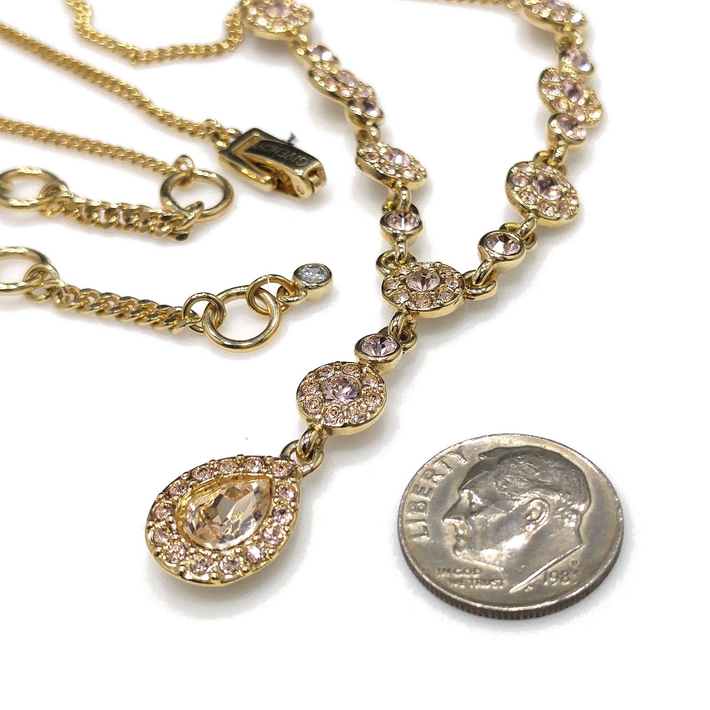 Vintage Givenchy Necklace – Champagne Rhinestone Drop, Adjustable, 1990s