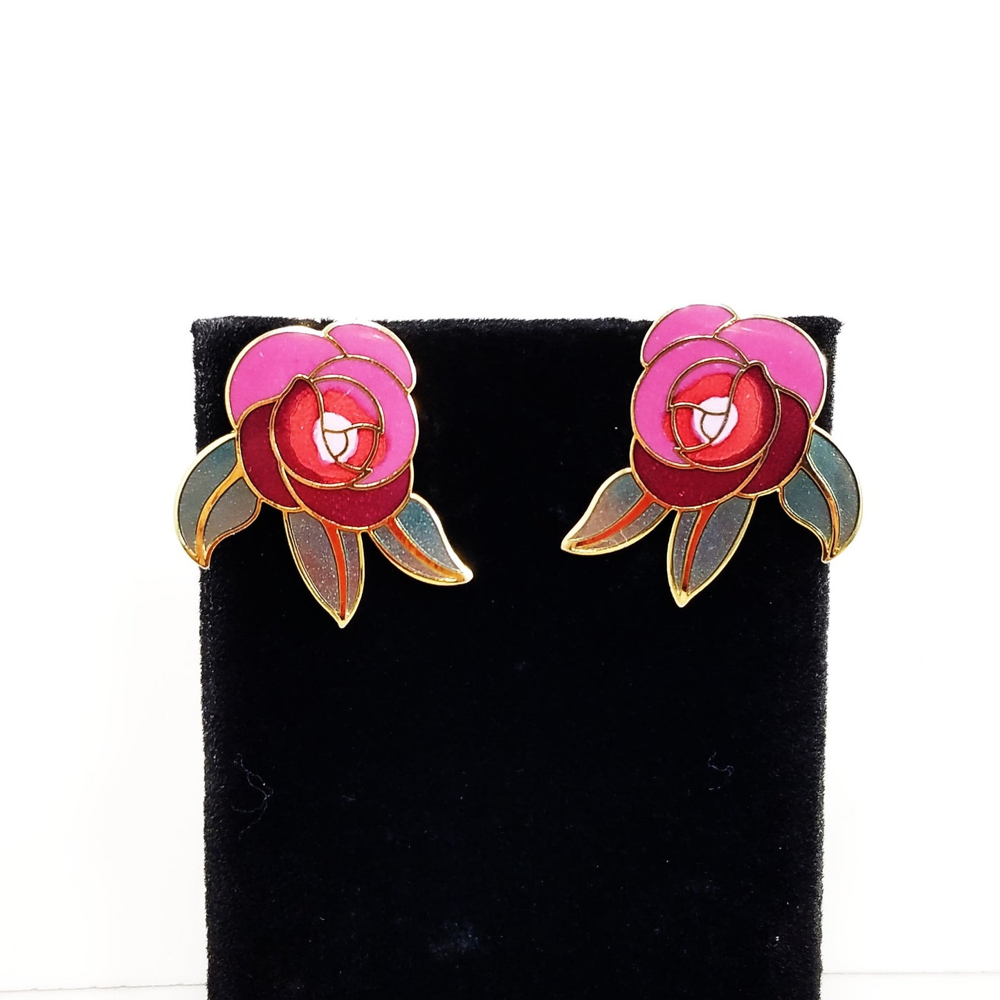 Vintage Laurel Burch "Deco Rose" Earrings, Gold Cloisonne Posts, Gold Plated