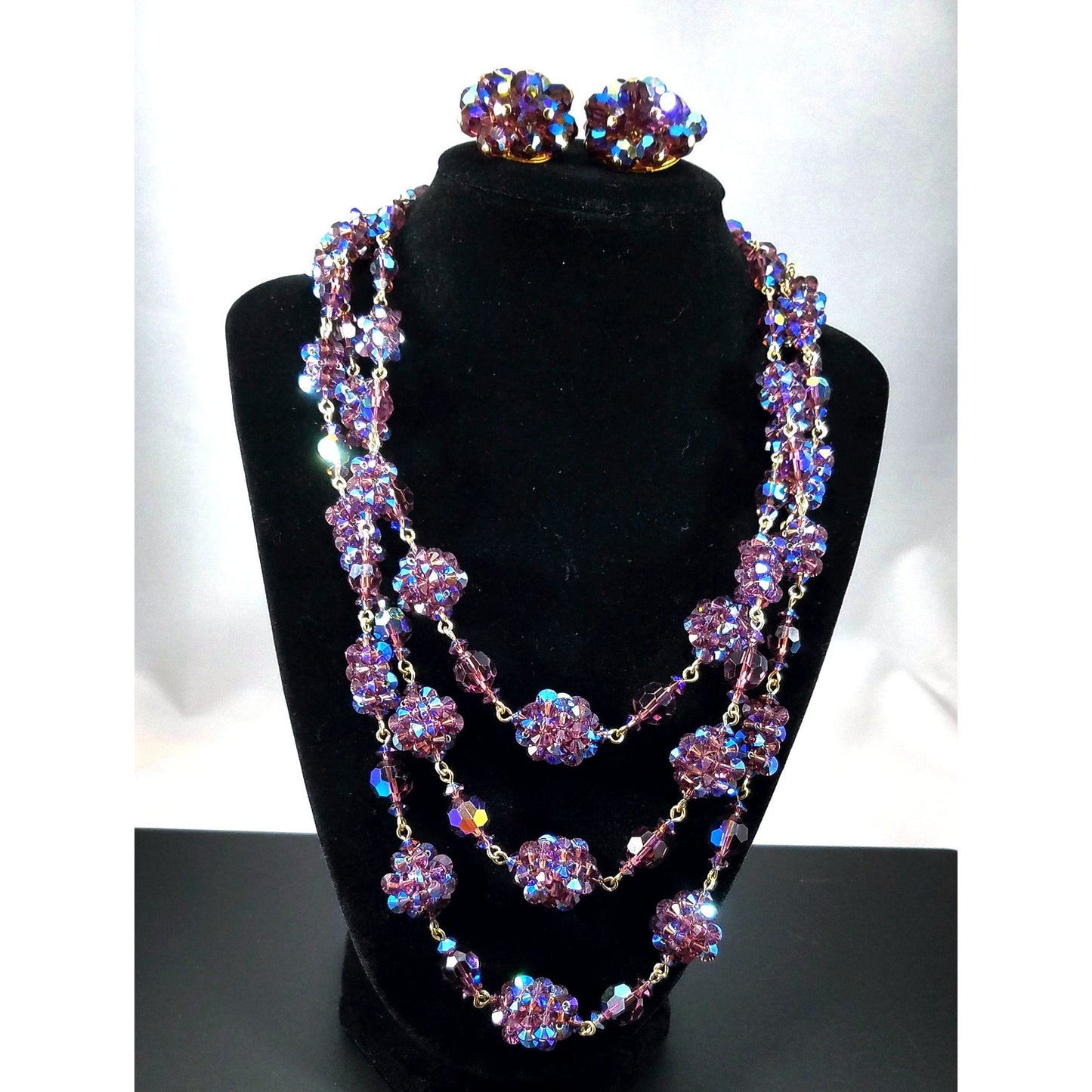 Vintage French Purple Crystal Cluster Necklace Clip Earrings Set, Made in France, 1950s