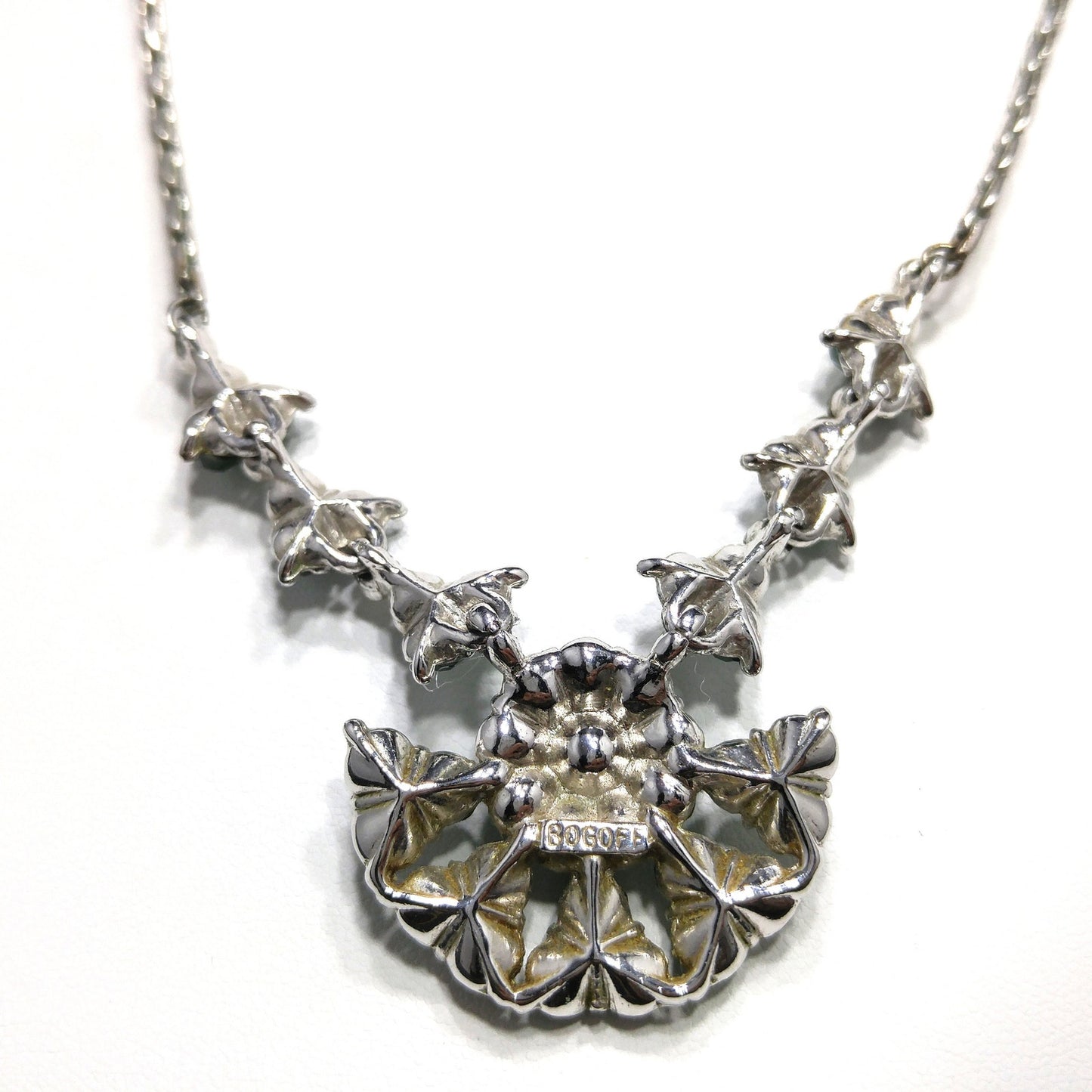 Bogoff Green Rhinestone Pendant Choker Necklace, Rhodium Plated, 1940s Vintage Jewelry