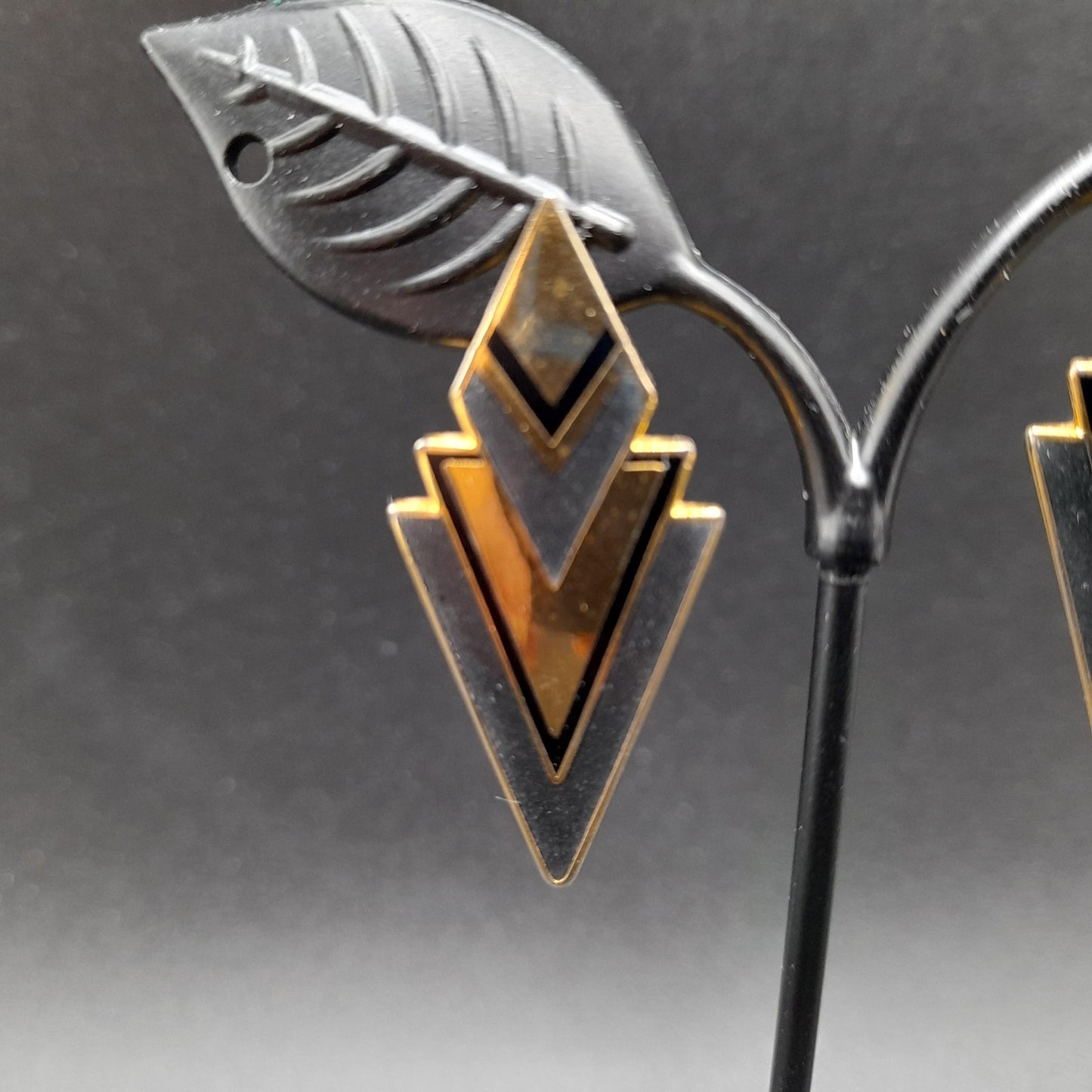 Vintage Laurel Burch Gray Gold Post Earrings, Geometric Gold Plated