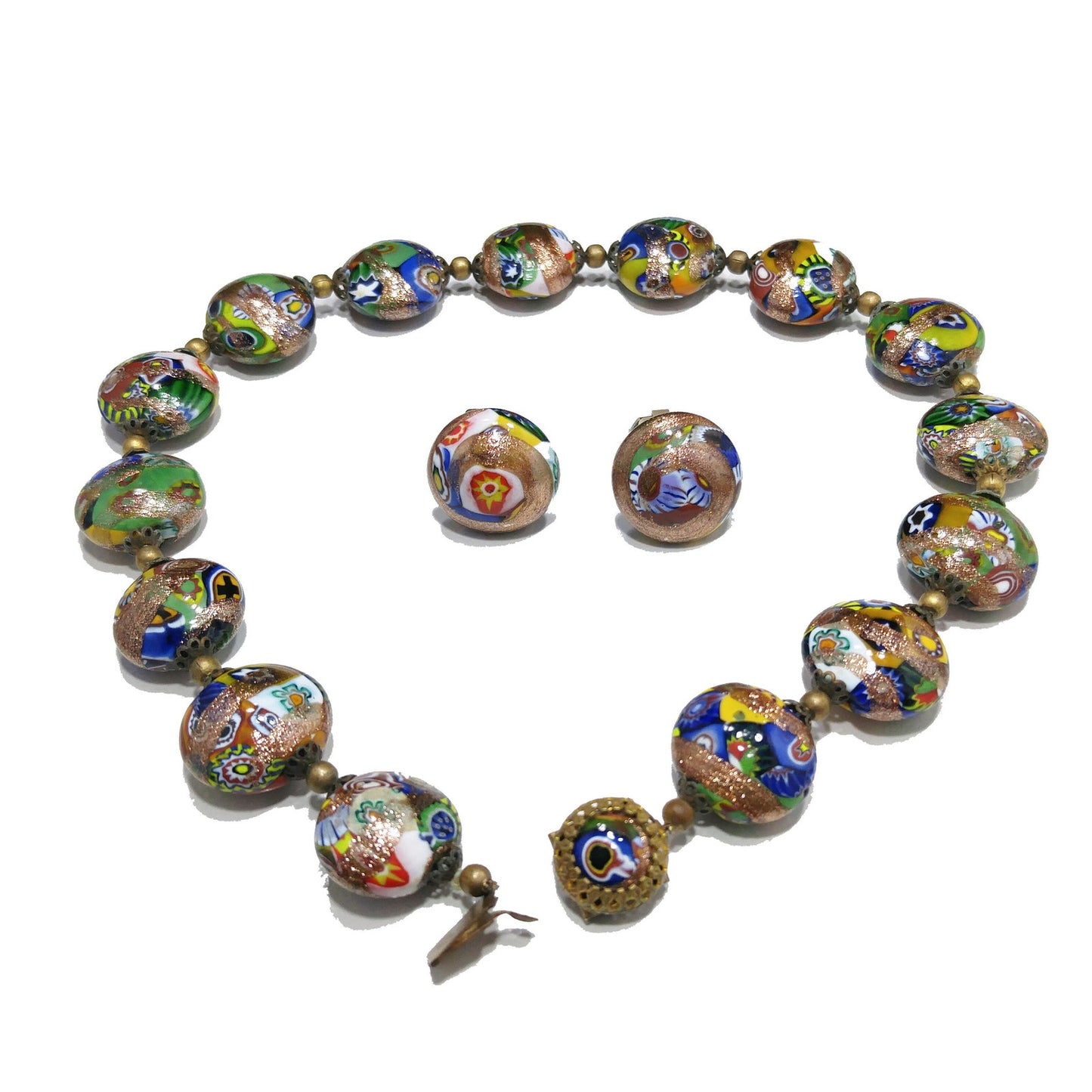 Italian Millefiori Venetian Glass Necklace & Earrings, Aventurine Glitter Beads