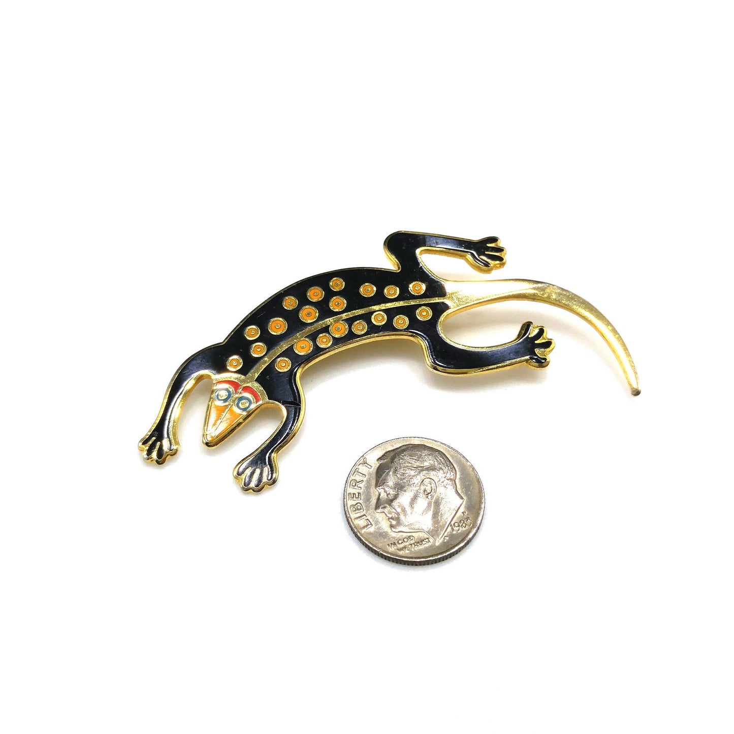 Laurel Burch Black "Lizard" Brooch, Gold Plated Cloisonne, 1980s Vintage Jewelry