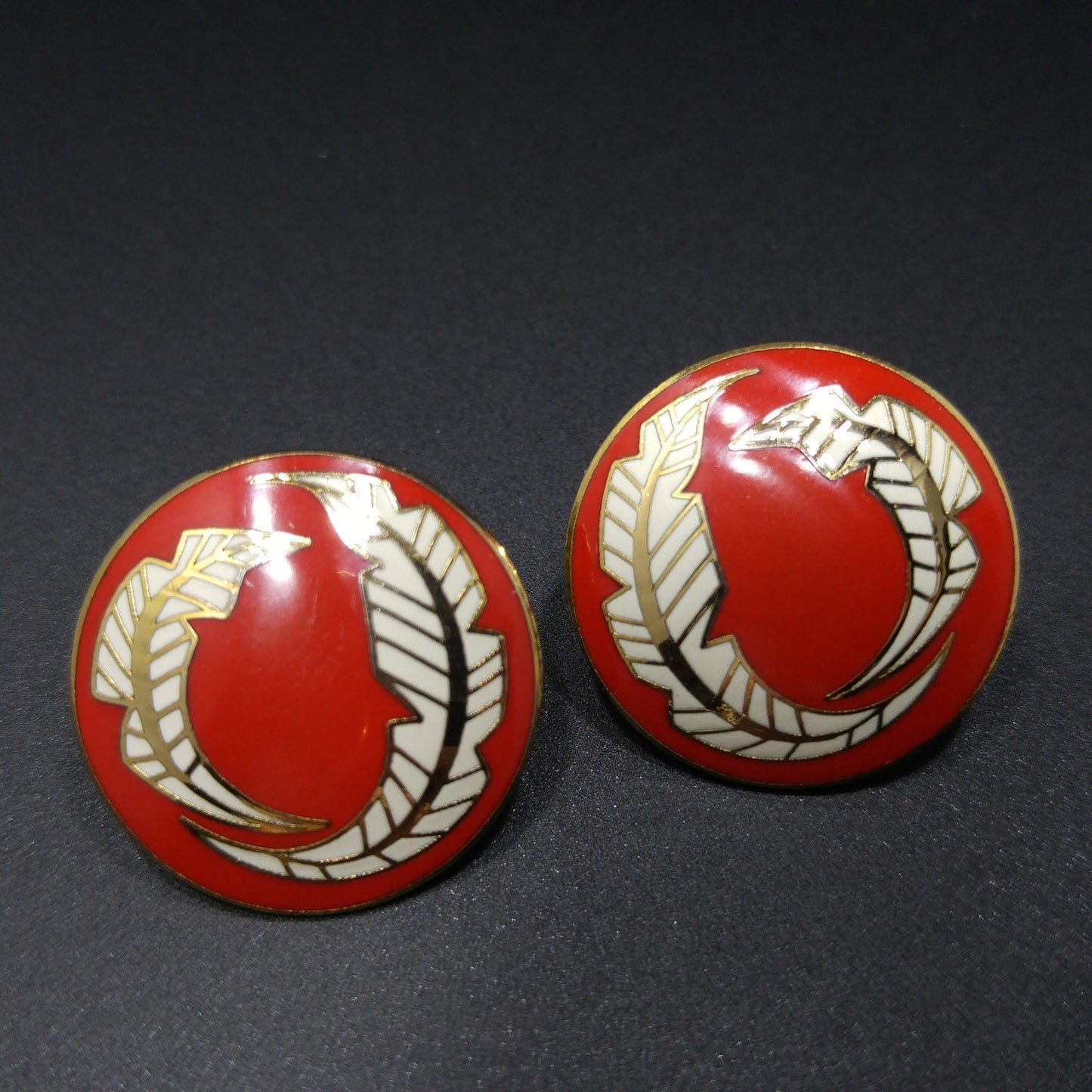 Vintage Laurel Burch "Palm Leaves" Red White Enamel Post Earrings, Gold Plated