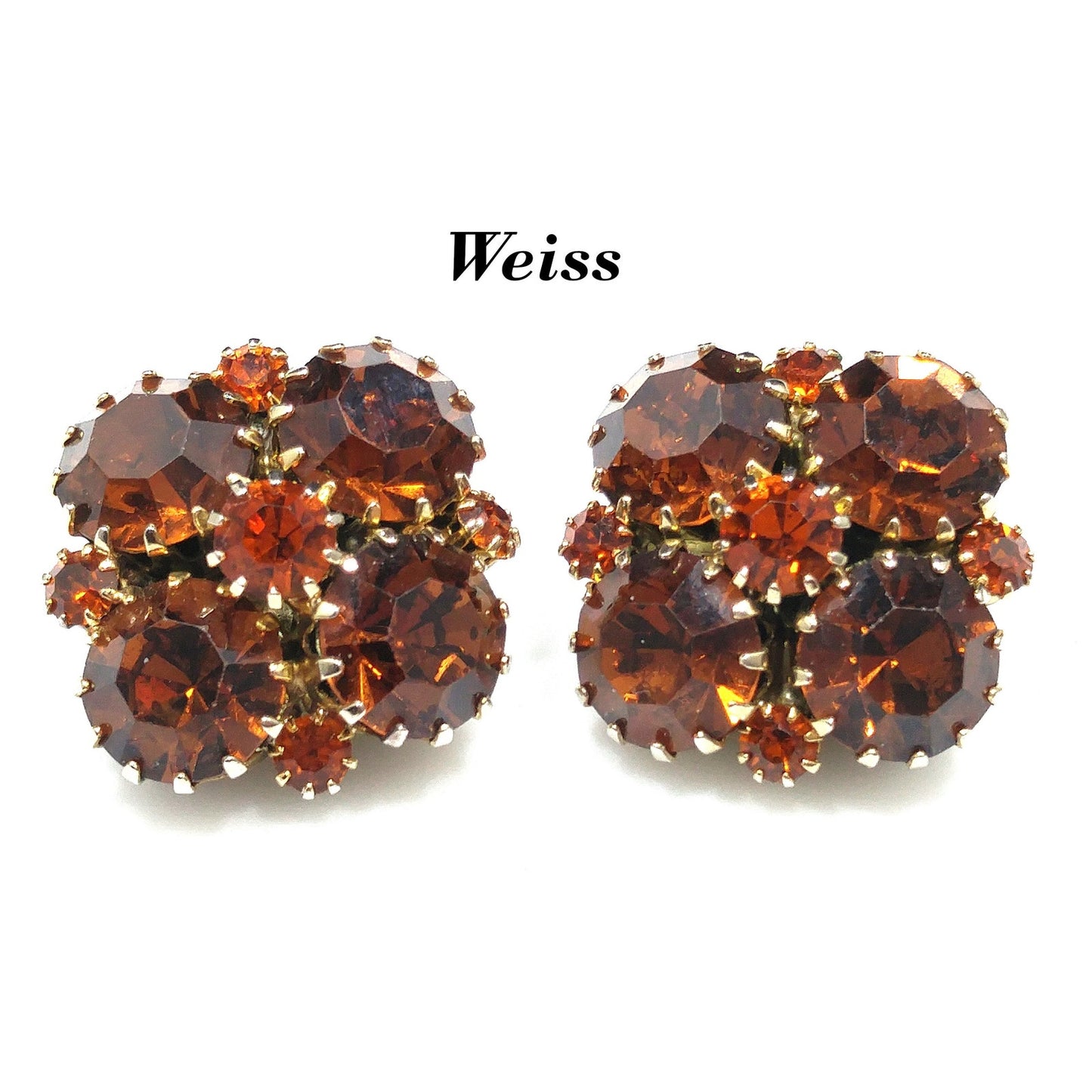 Weiss Topaz Rootbeer Rhinestone Clip Earrings, Gold Plated, Floral Design, 1960s Vintage