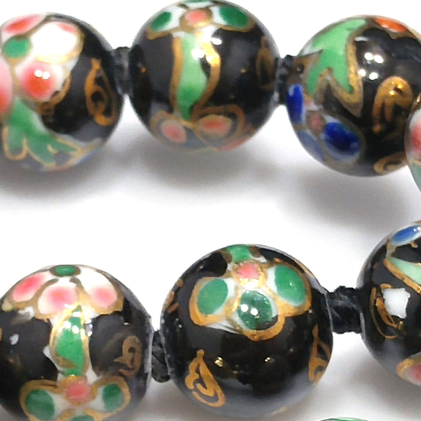 Vintage Black Cloisonné Floral Beaded Necklace, Pink Green Flowers, 1960s Vintage Jewelry