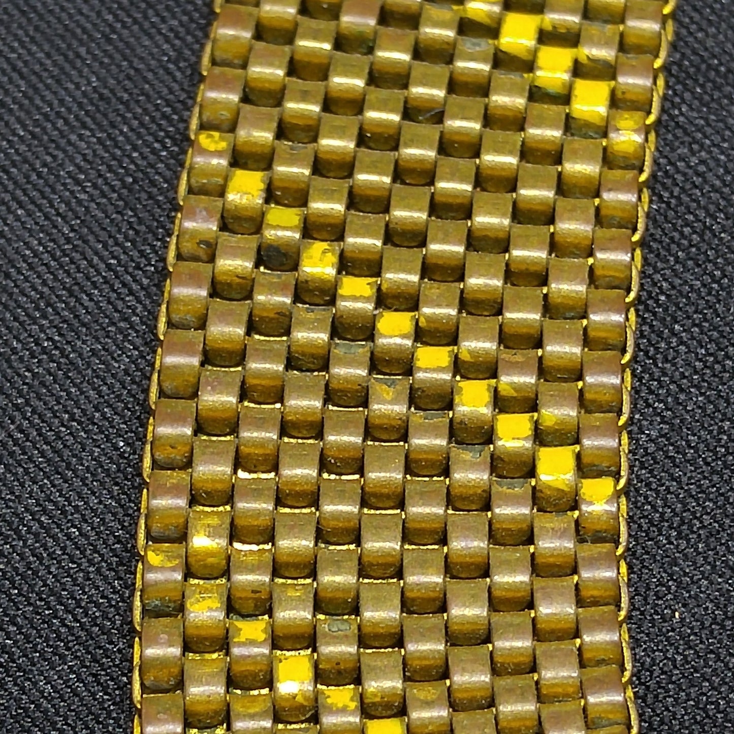 Art Deco Brass Mesh Necklace, Yellow Enamel, 1930s Vintage Jewelry