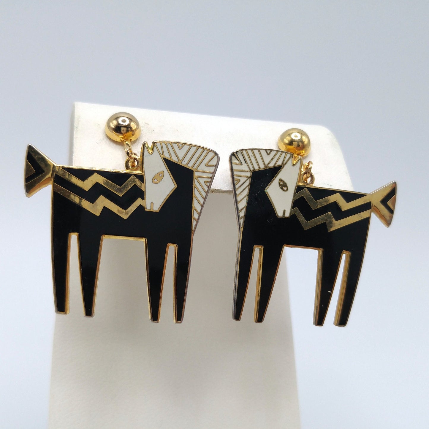 Laurel Burch "Temple Horse" Clip Earrings, Black White Enamel, Gold Plated, 1980s Vintage Jewelry