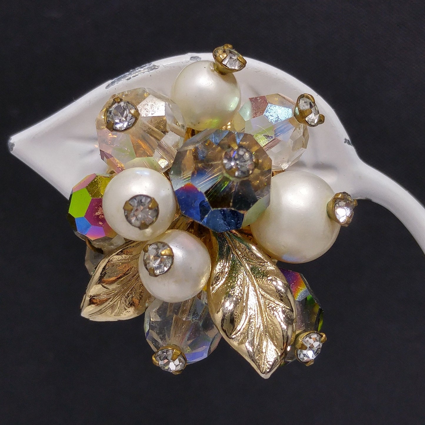 Vendome Floral Bead Crystal Clip Earrings, Faux Pearls, Vitrail Crystal, 1960s Vintage Jewelry