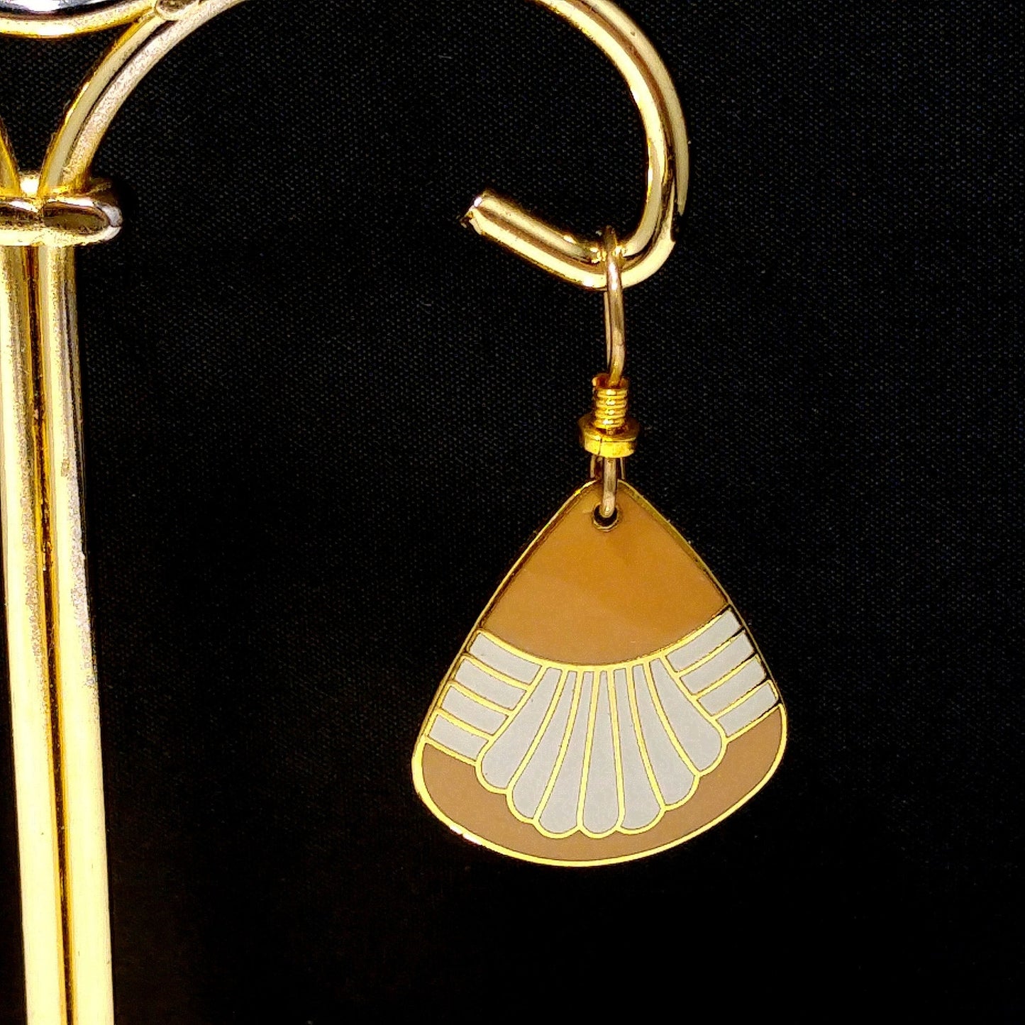Vintage Laurel Burch Waterfall Earrings, Gold Plated, Beige & Gray Enamel