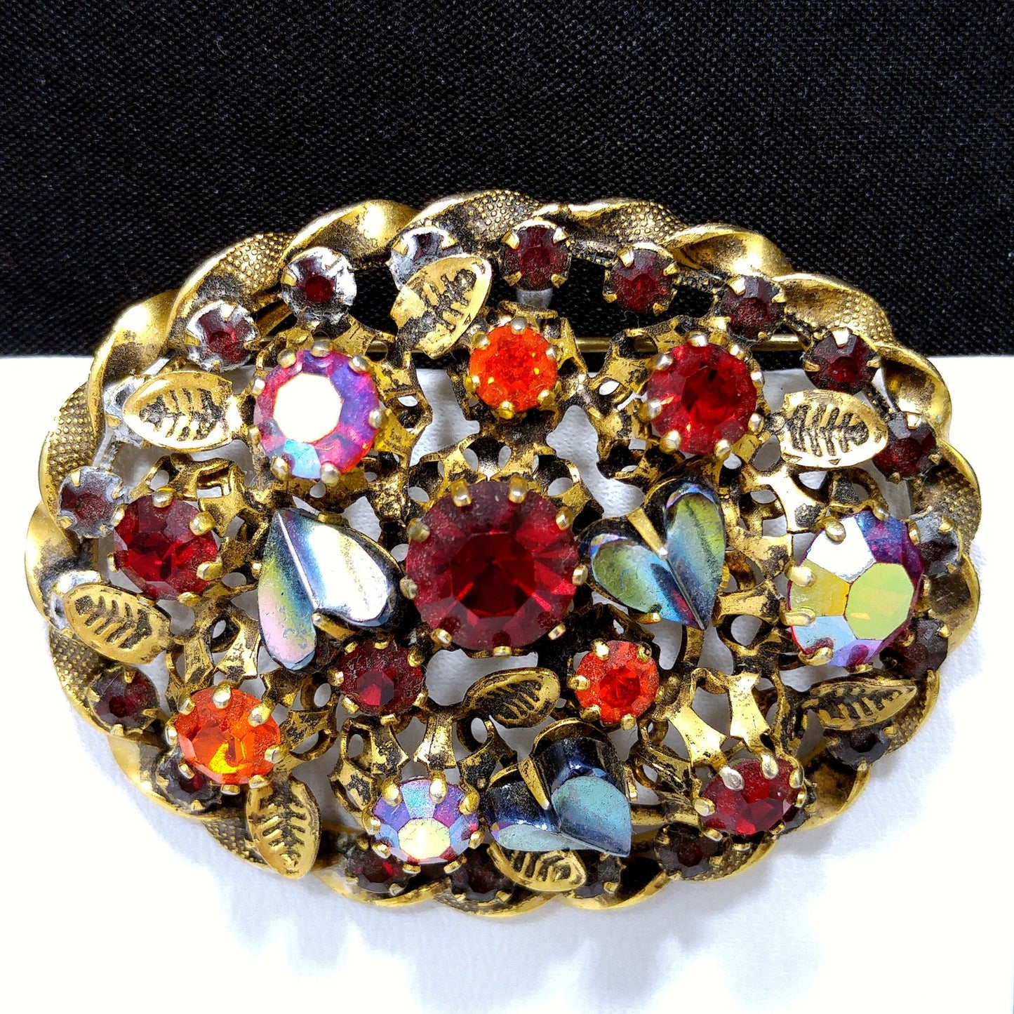Austria Red Orange Rhinestone Gold Plated Brooch, Metallic Art Glass, 1950s Vintage Jewelry