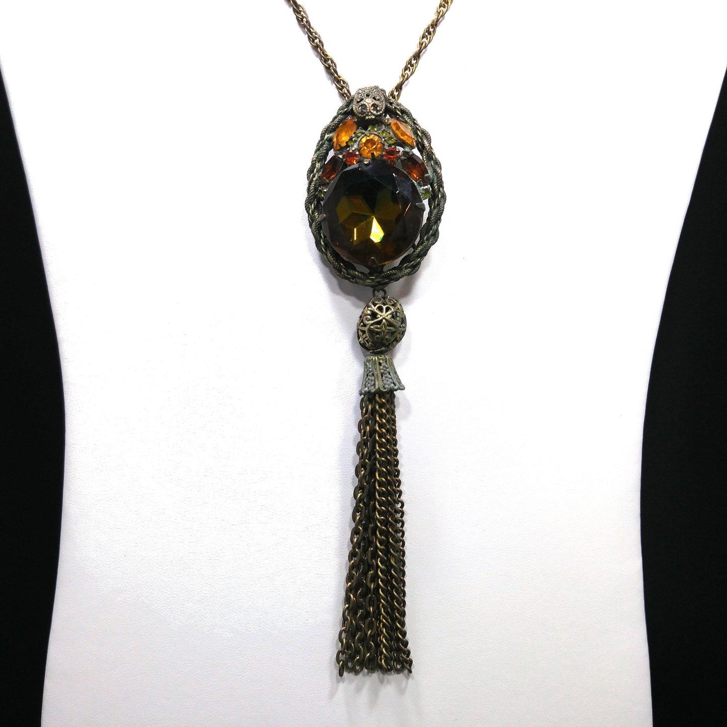 Victorian Purple Topaz Glass Pendant Necklace, Golden Brass, 1920s Vintage Jewelry