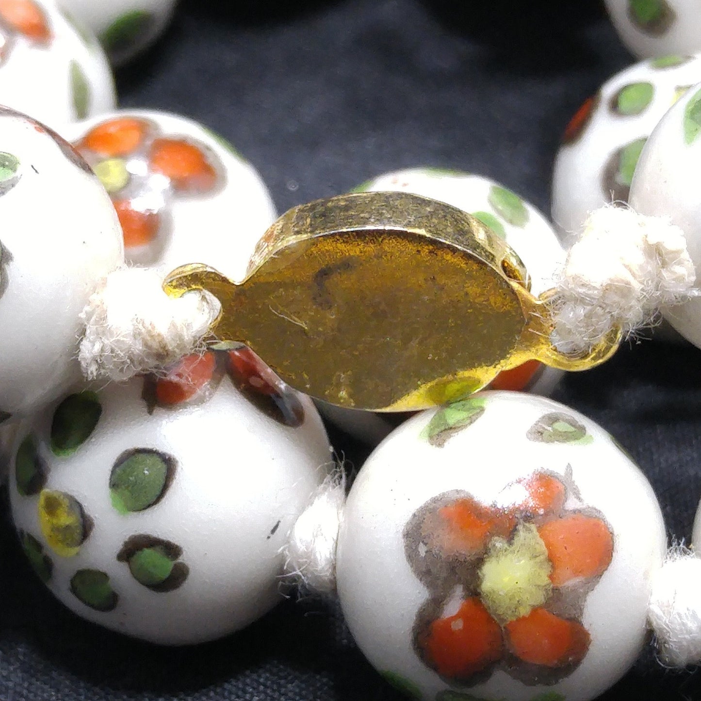 Vintage Ceramic Hand Painted Bead Necklace, Chinese Import, Hand-Knotted, 1960s