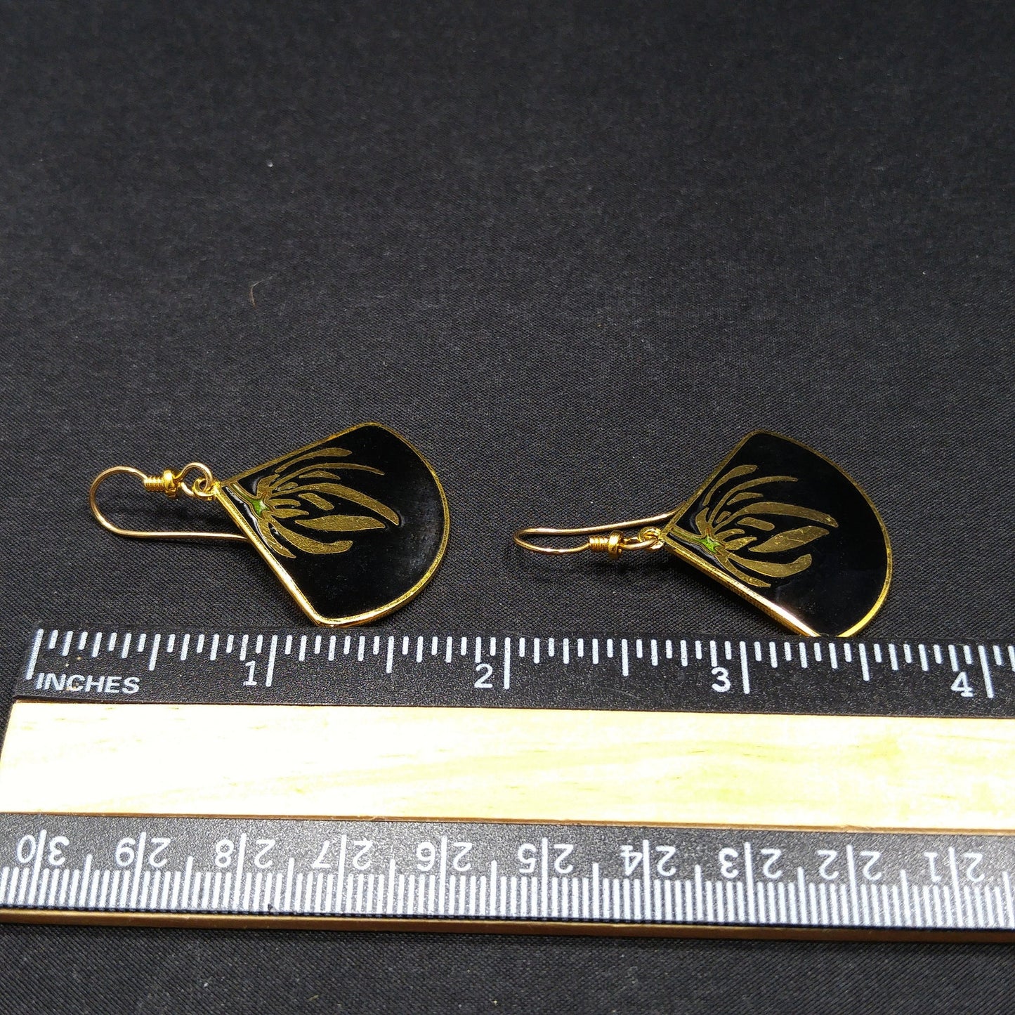 Laurel Burch Floral Earrings, Gold Plating, Black Enamel, Willow Fan, 1980s Vintage Jewelry