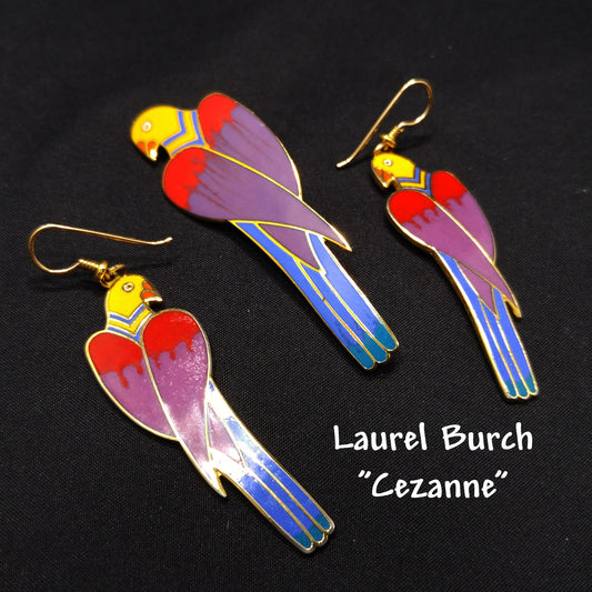Laurel Burch Cezanne Parrot Earrings & Brooch Set, 22 KG Plated Cloisonne Enamel, 1980s