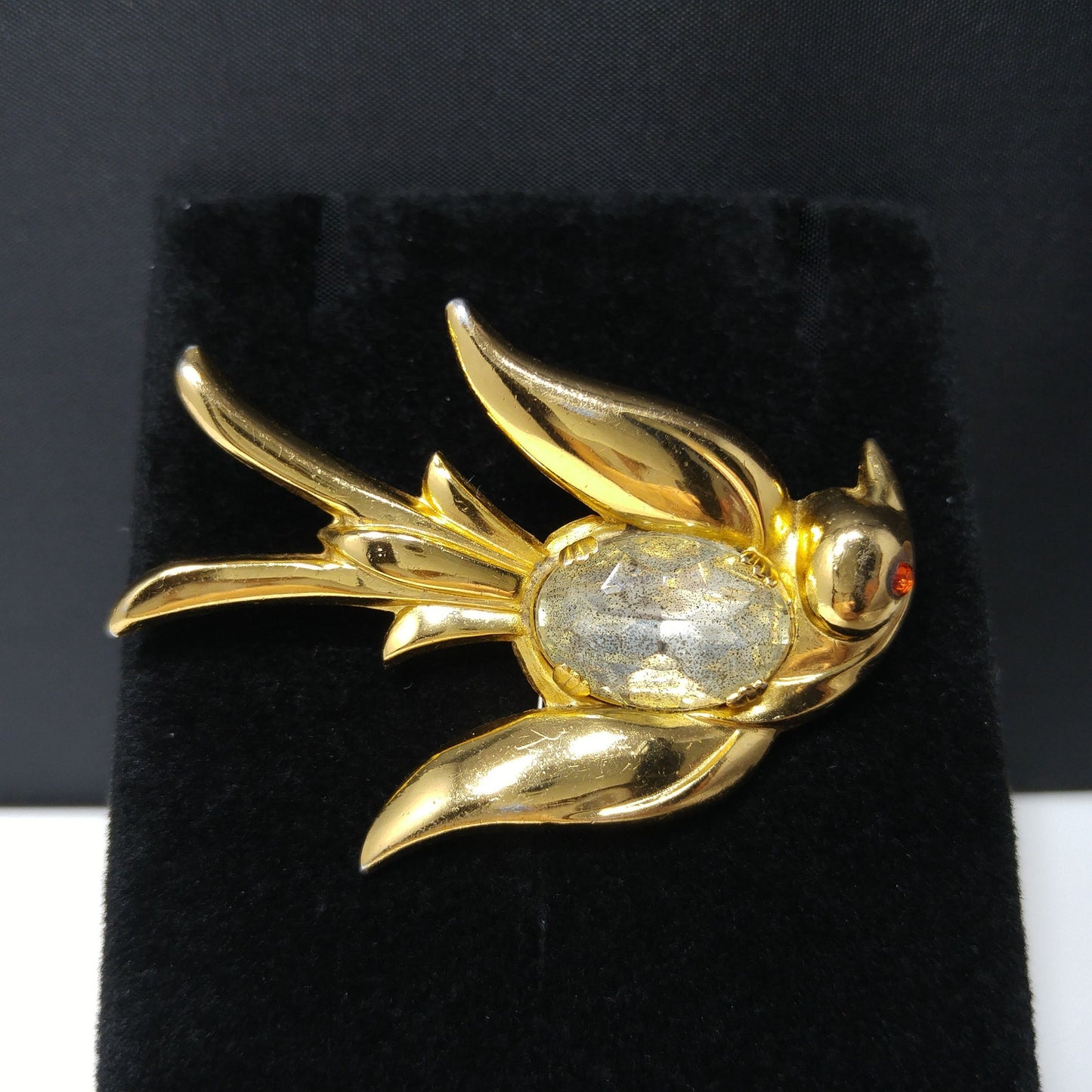 Coro Pegasus Bird Brooch, Clear Faceted Rhinestone Red Eye, 1940s Vintage Jewelry
