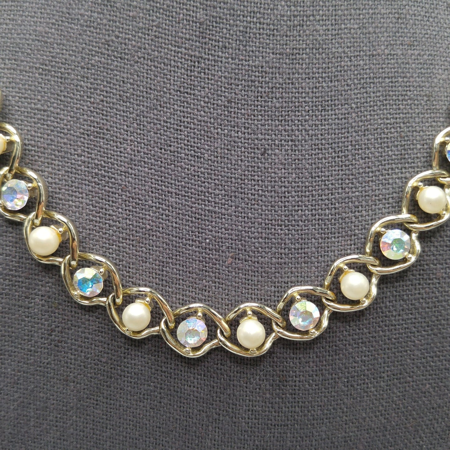 Mid-Century Faux Pearl AB Rhinestone Necklace, Aurora Borealis, 1960s Vintage Jewelry