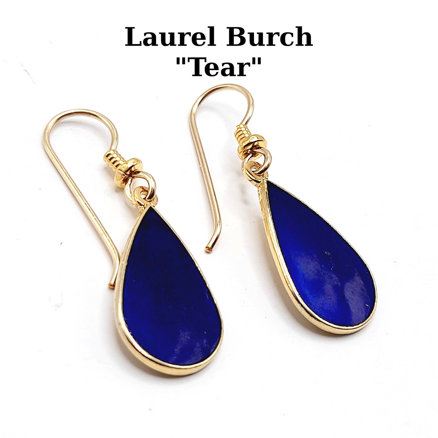 Vintage Laurel Burch "Tear" Blue Enamel Gold Plated Earrings - 1 3/8 Inches