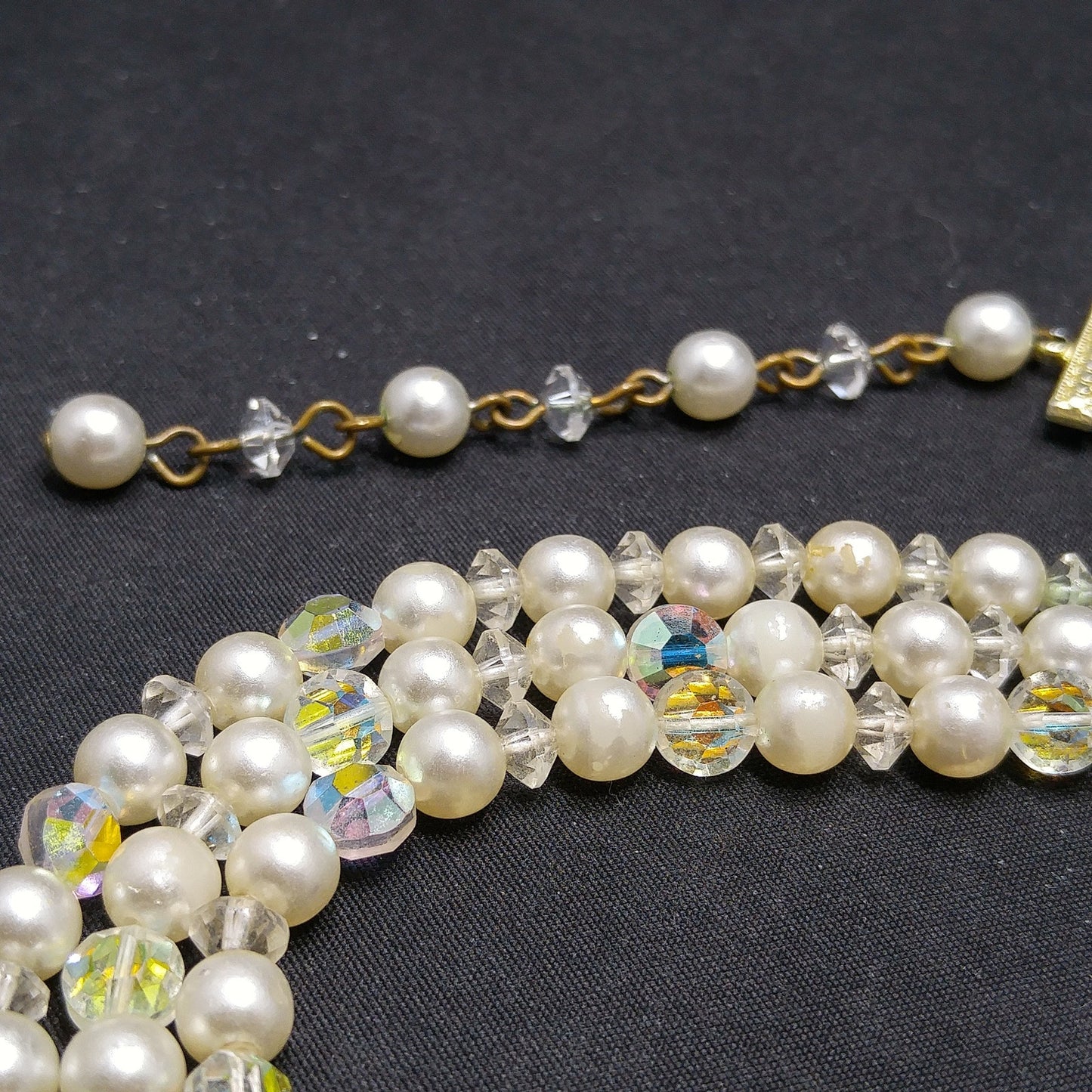 Mid-Century Crystal Faux Pearl Necklace, Three Strands, 1950s Vintage Jewelry