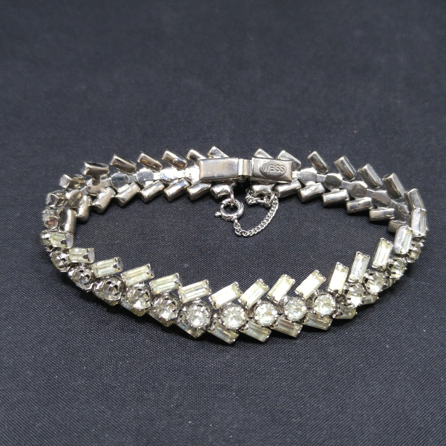 Weiss Clear Rhinestone Bracelet, Rhodium Plating, Safety Chain, 1940s Weiss