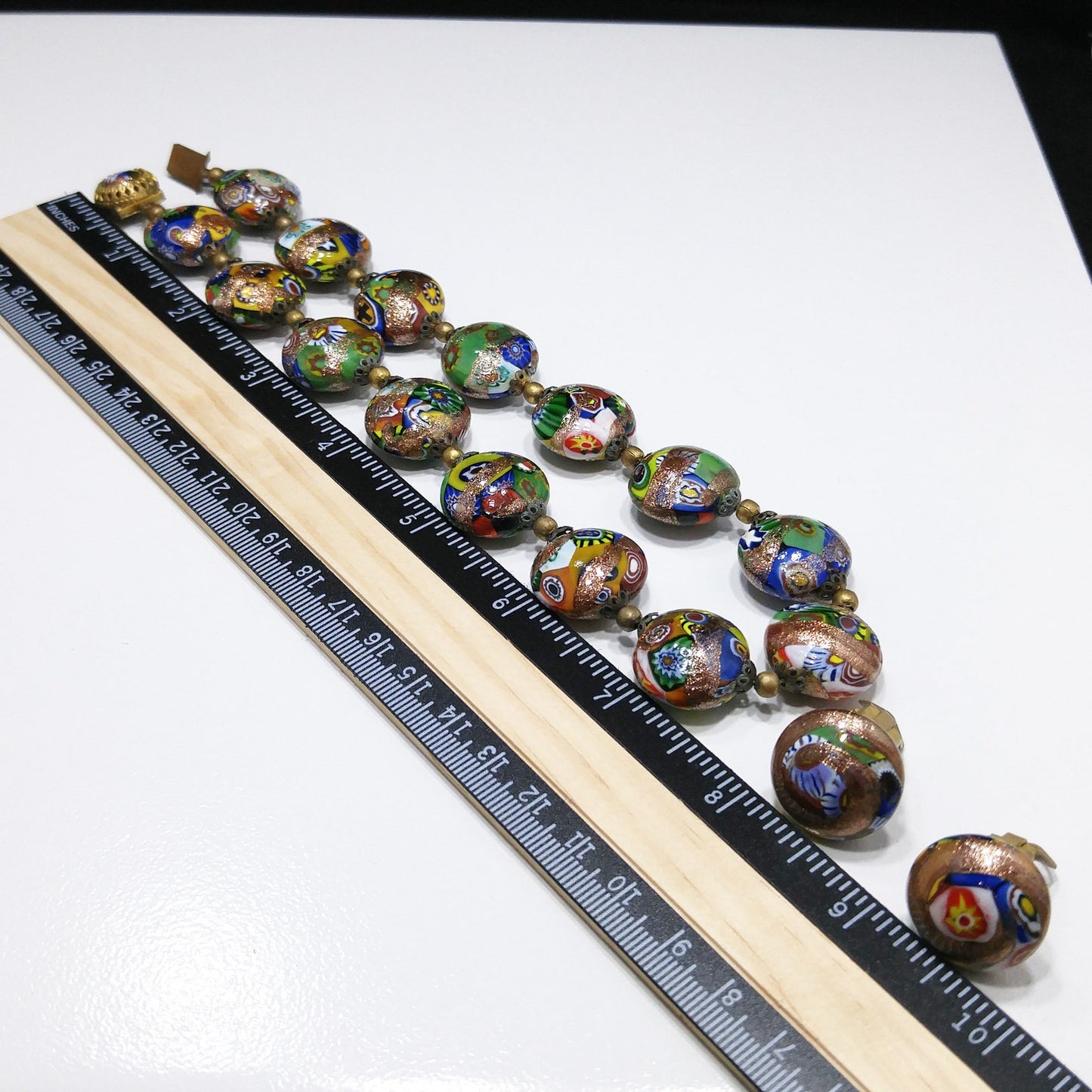 Italian Millefiori Venetian Glass Necklace & Earrings, Aventurine Glitter Beads