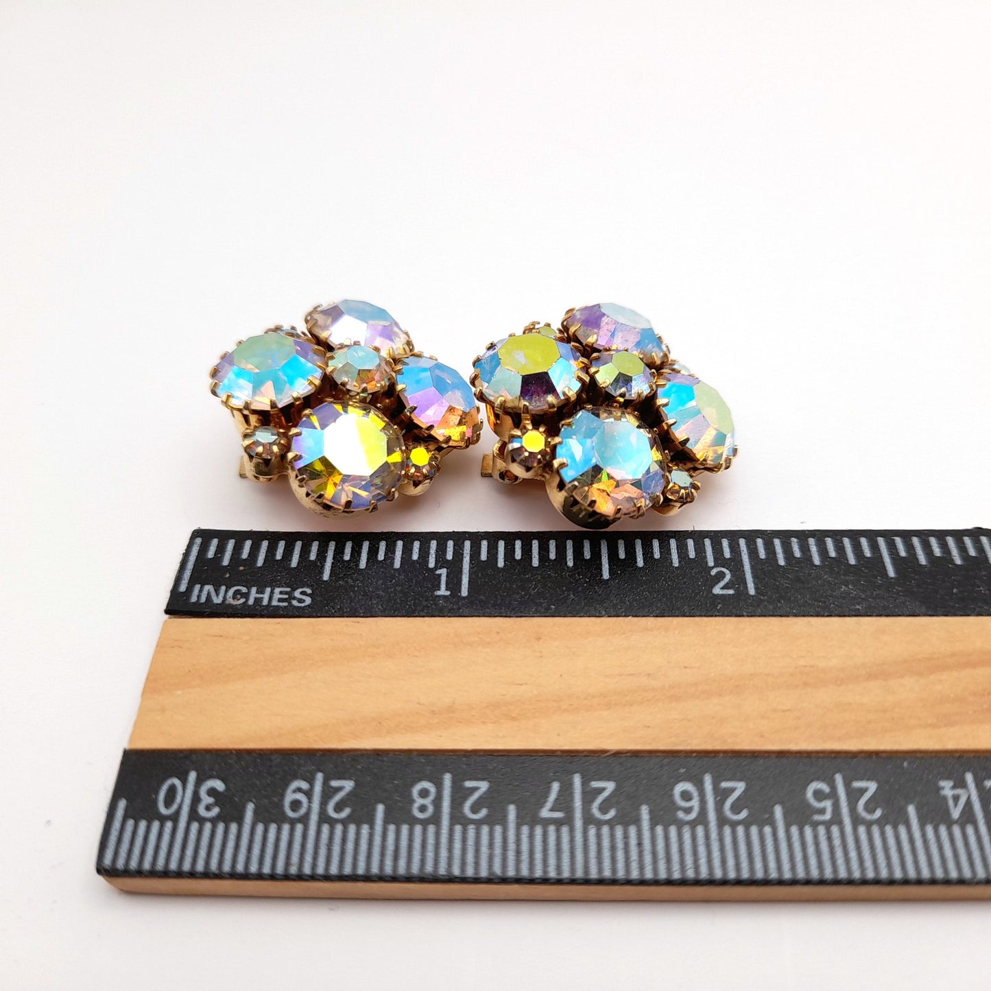 Vintage Aurora Borealis Rhinestone Clip On Earrings 1960s