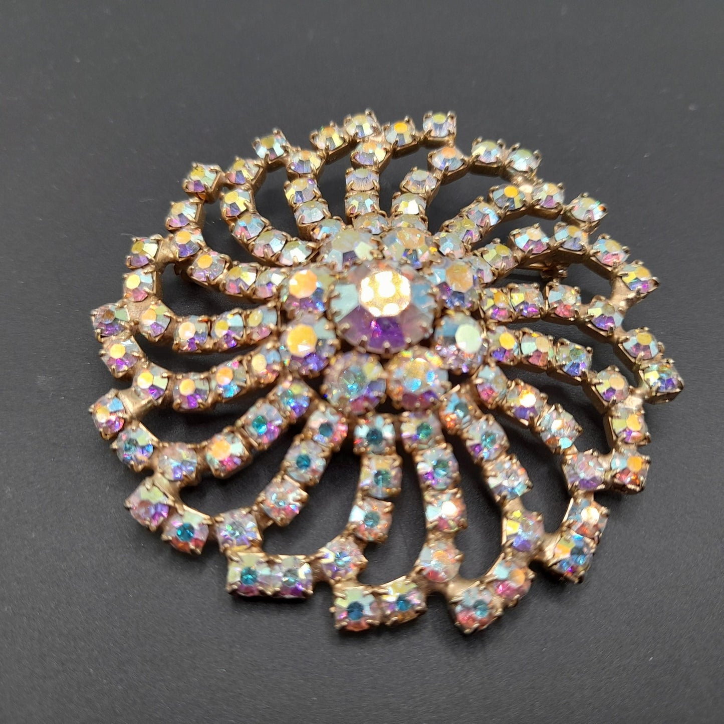 Mid-Century Aurora Borealis Rhinestone Brooch, Gold Plated, 1960s Vintage Jewelry