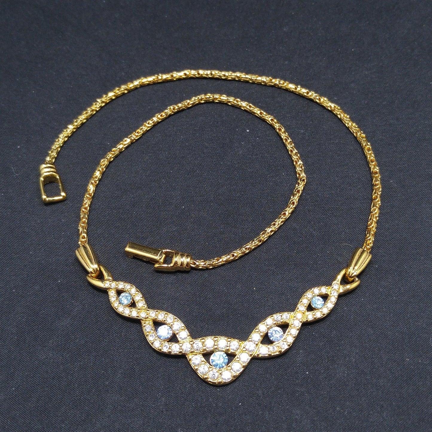 Vintage Swarovski Choker Necklace – Light Blue & Clear Crystals, Gold Plated, 1990s