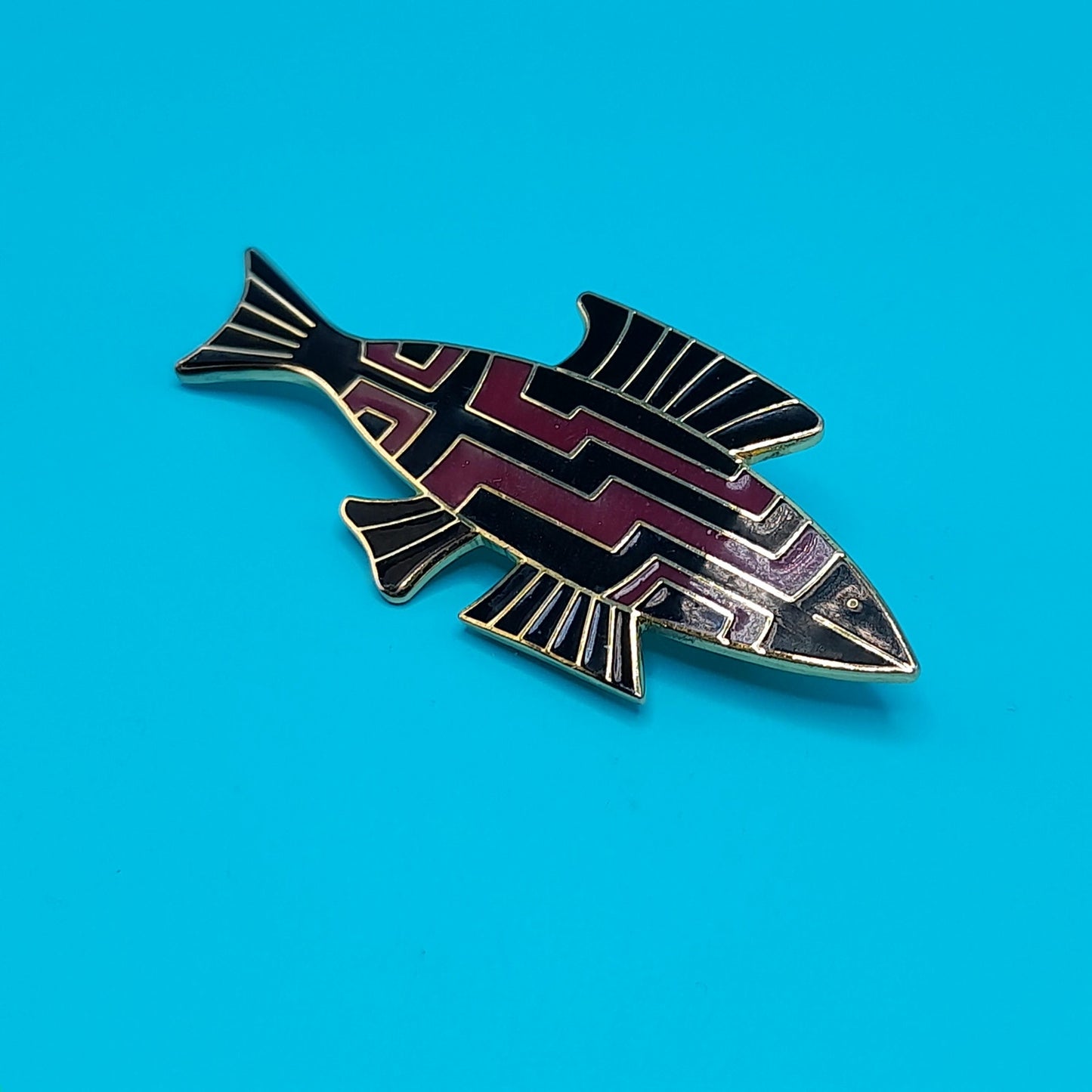 Vintage Laurel Burch "FISH" Brooch, Gold Plated, Black Brown Enamel, 1980s