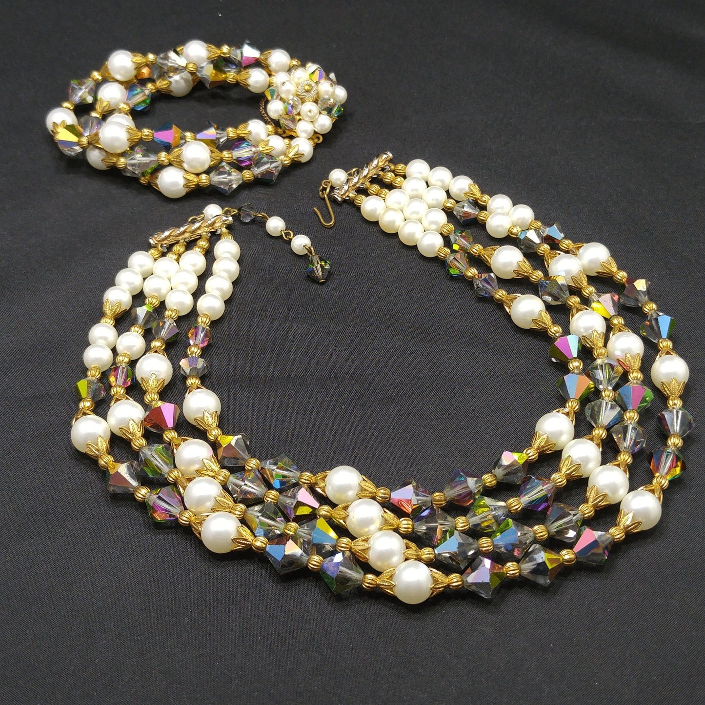 Alice Caviness Necklace & Bracelet Set, Aurora Borealis Crystal Faux Pearl Beads, 1960s Vintage Jewelry