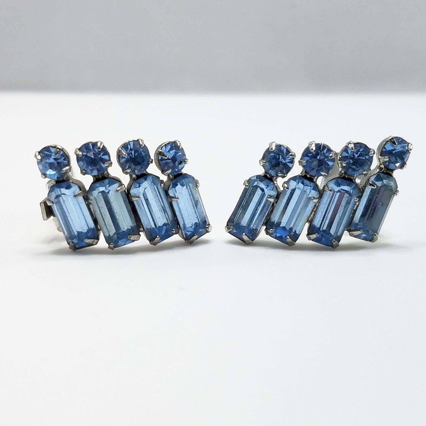 Vintage WEISS Powder Blue Clip Earrings, Silver Tone 1950s Austrian Crystal