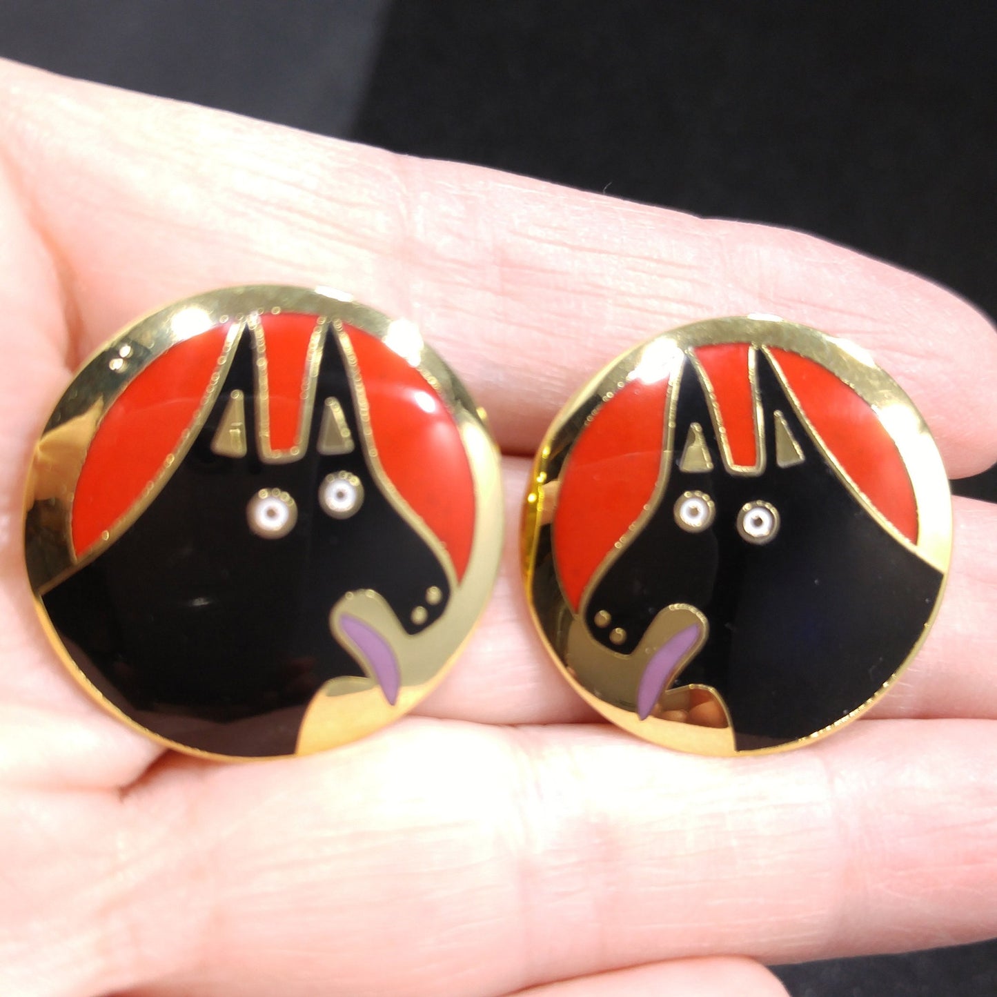 Laurel Burch BASSO Dog Earrings, Gold Plated, 1980s Vintage Jewelry