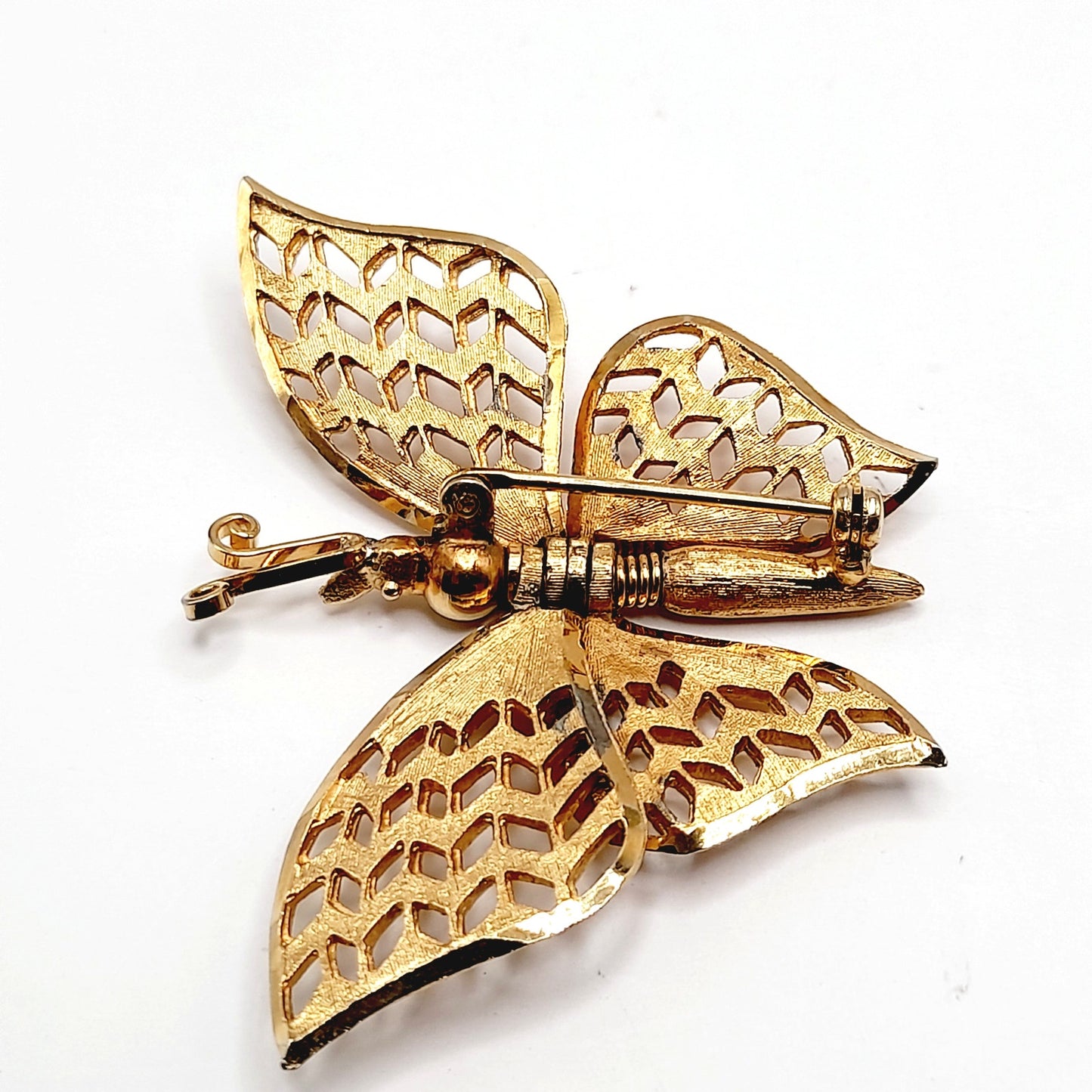 Vintage Gold Butterfly Brooch, Articulated Wings, Filigree Mid-Century Jewelry
