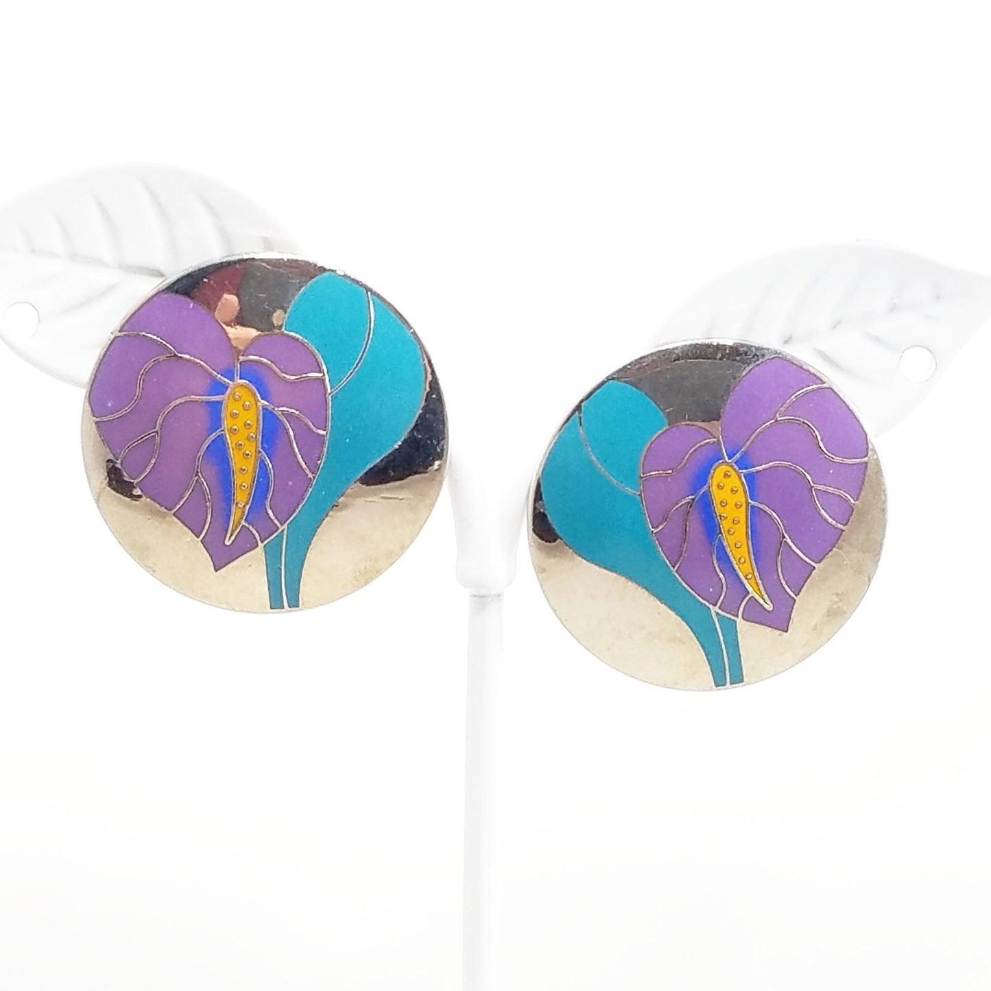 Vintage Laurel Burch "Antherium" Earrings, Rhodium Plated, 1980s Vintage Jewelry