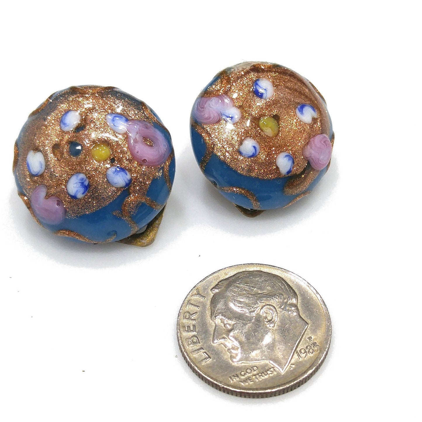 Vintage Italian Wedding Cake Clip Earrings, Blue Pink Roses  1940s