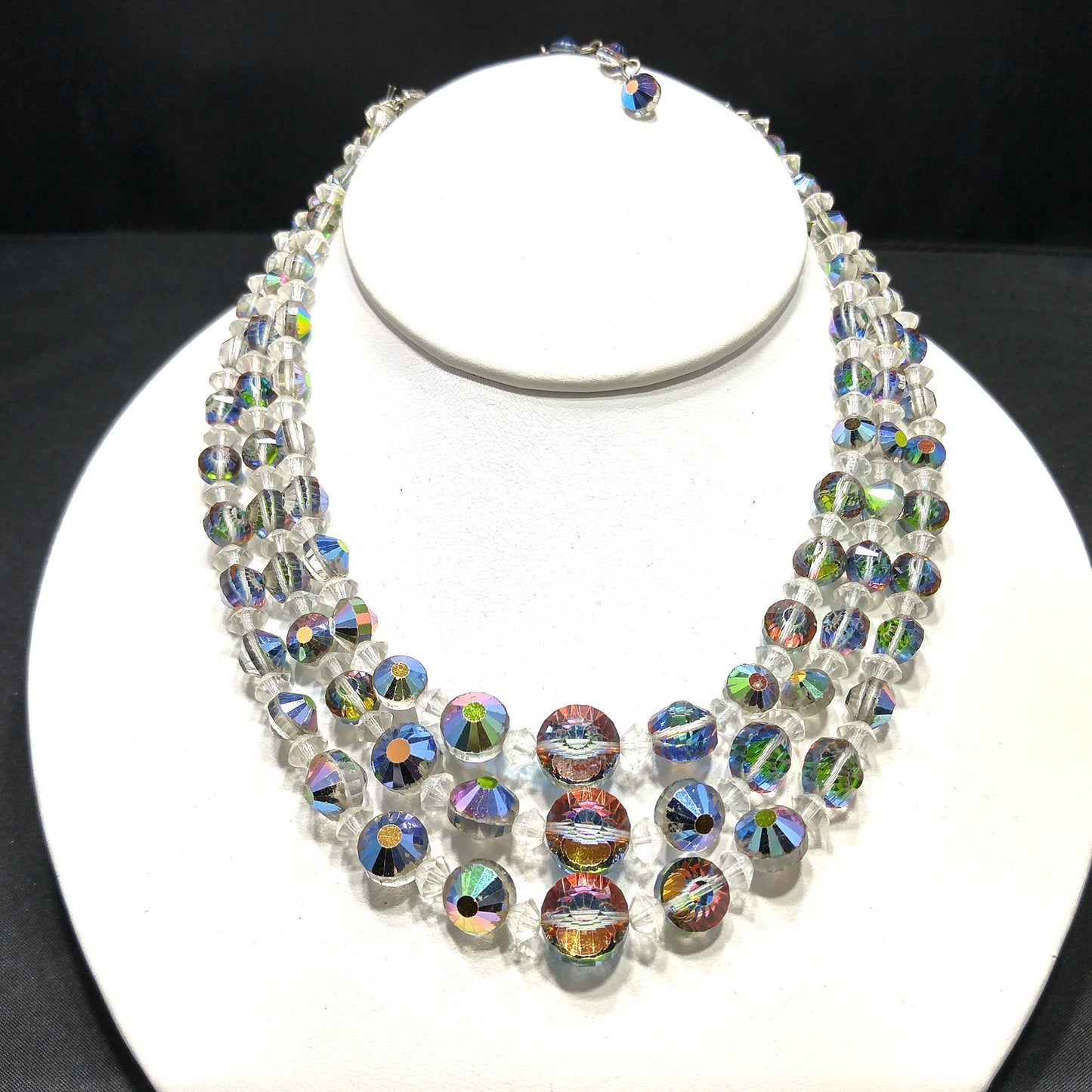 Vitrail Aurora Borealis Crystal Bead Necklace, Three Strands, 1960s Vintage Jewelry