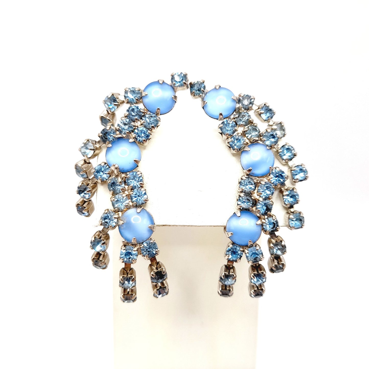 Vintage Blue Rhinestone Ear Climber Earrings Clip On Silver Tone Mid Century