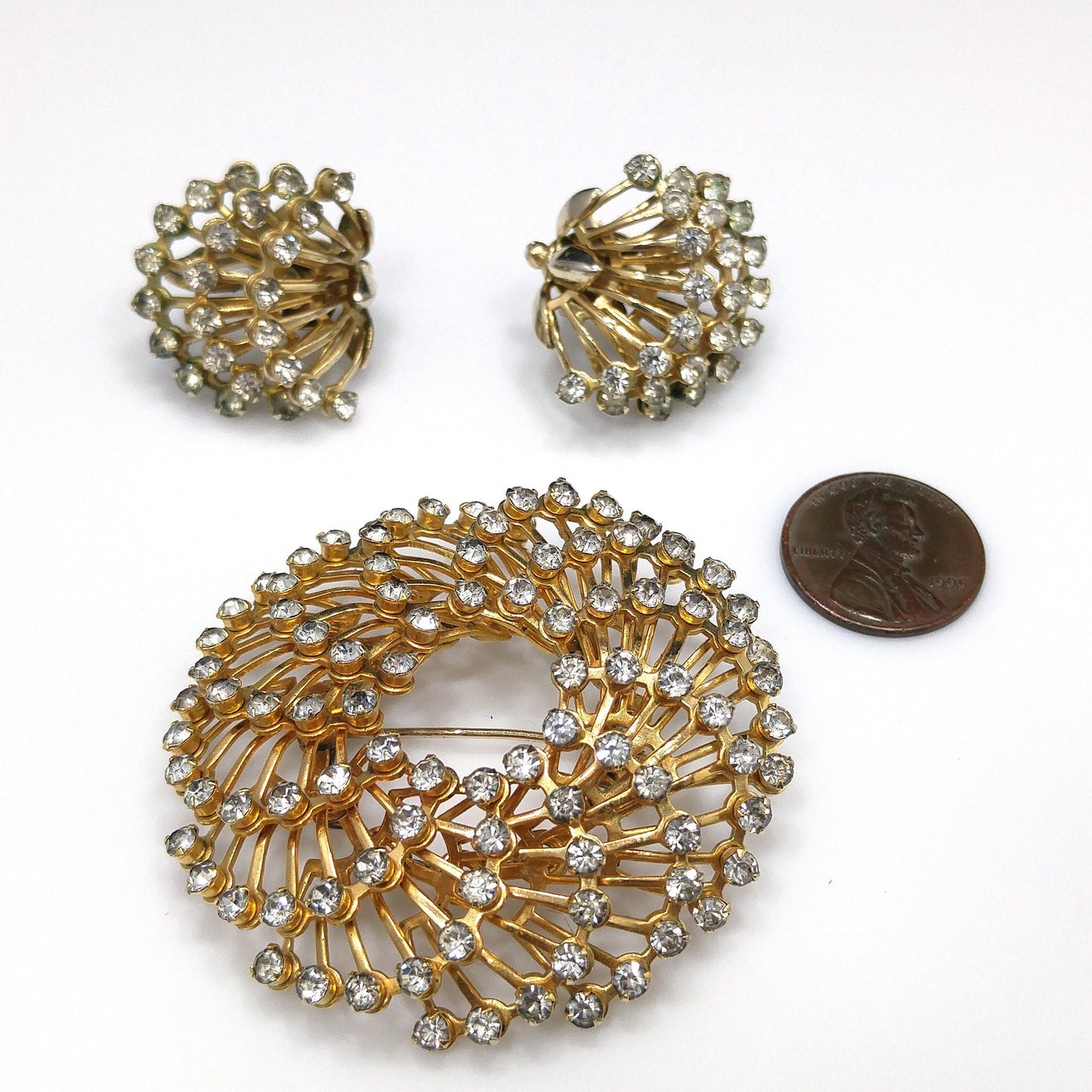 Vintage Hattie Carnegie Rhinestone Brooch & Earrings, Gold Plated, 1950s