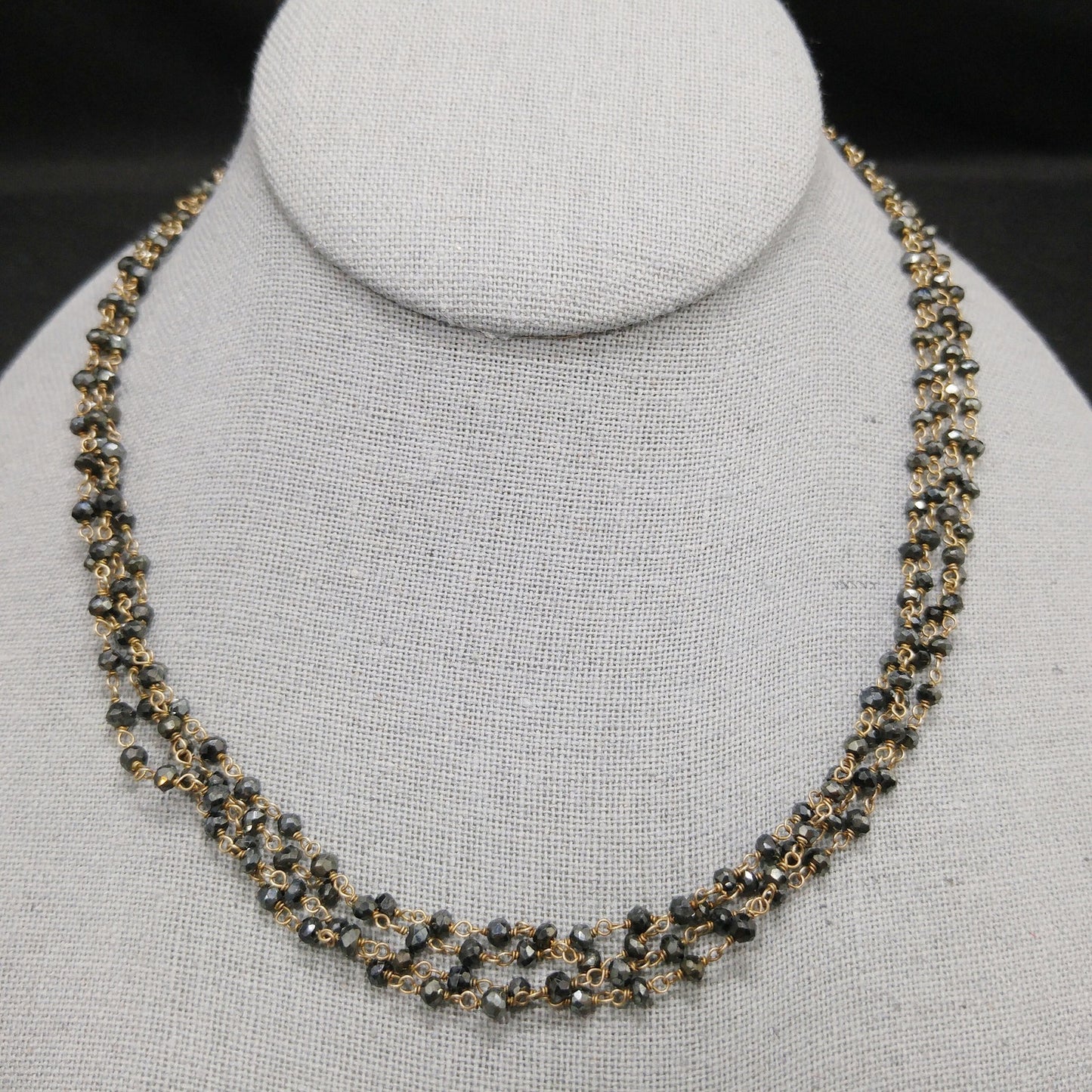 Hand Cut Crystal Wire Wrapped Necklace, Four Strands, Gold Silver Flowers, 1940s Vintage Jewelry