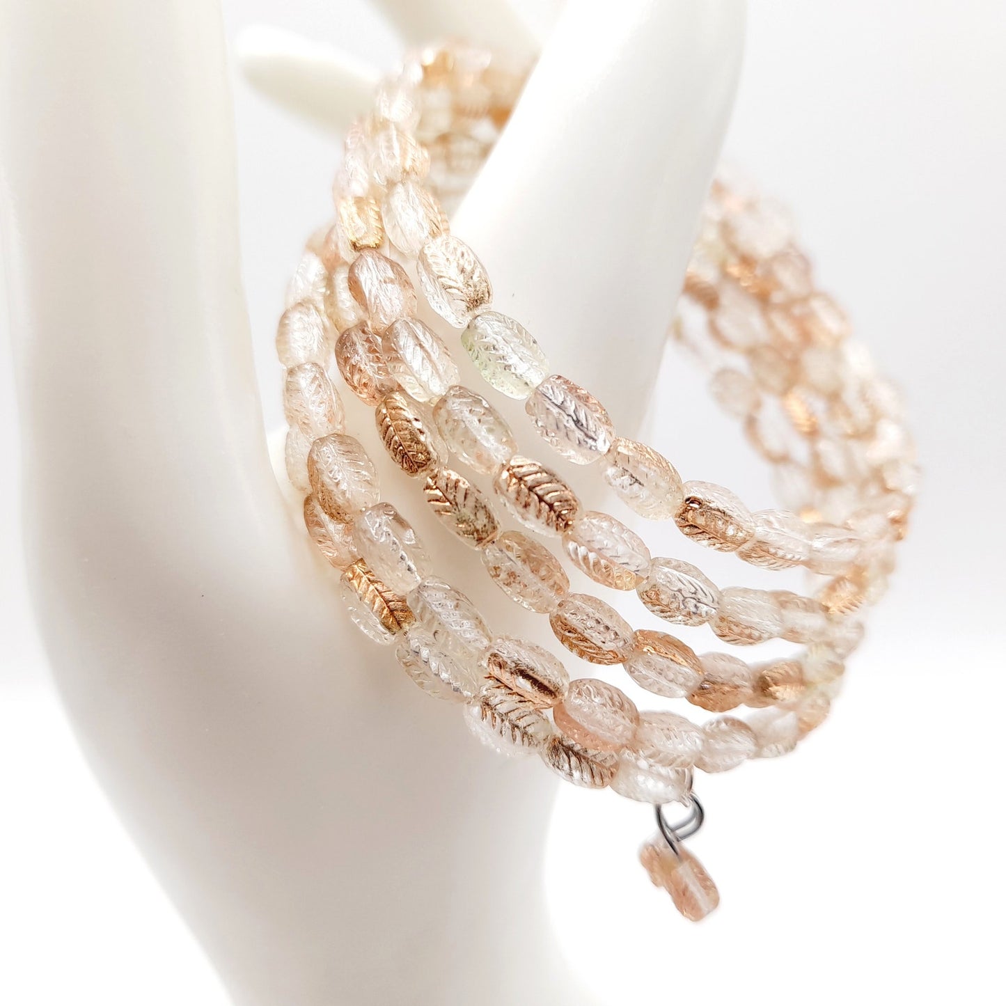 Vintage Art Glass Leaf Bead Memory Wire Bracelet – Clear Gold Leaf Design