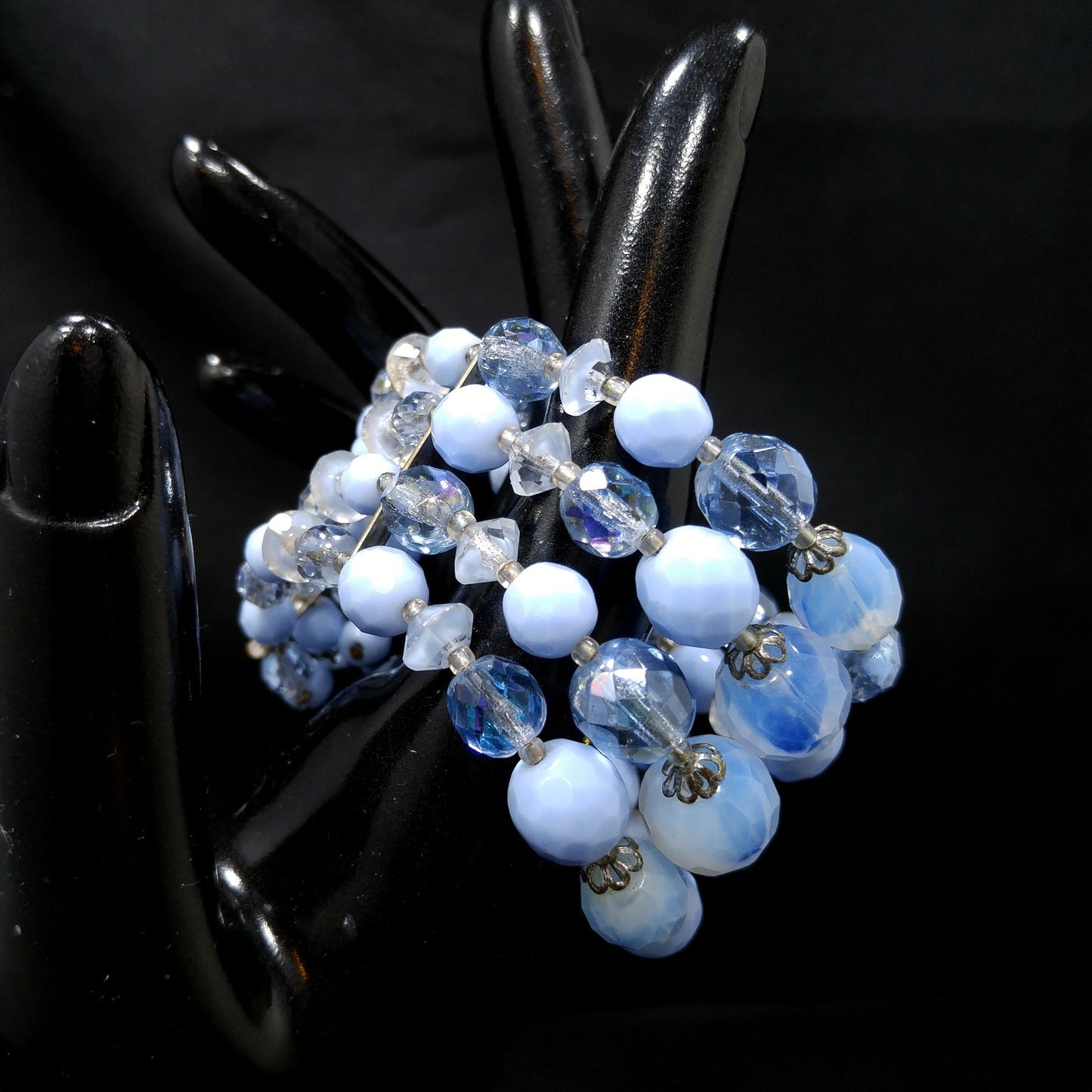 West Germany Blue Beaded Necklace & Bracelet, Art Glass Crystal Beads, 1950s Vintage Jewelry