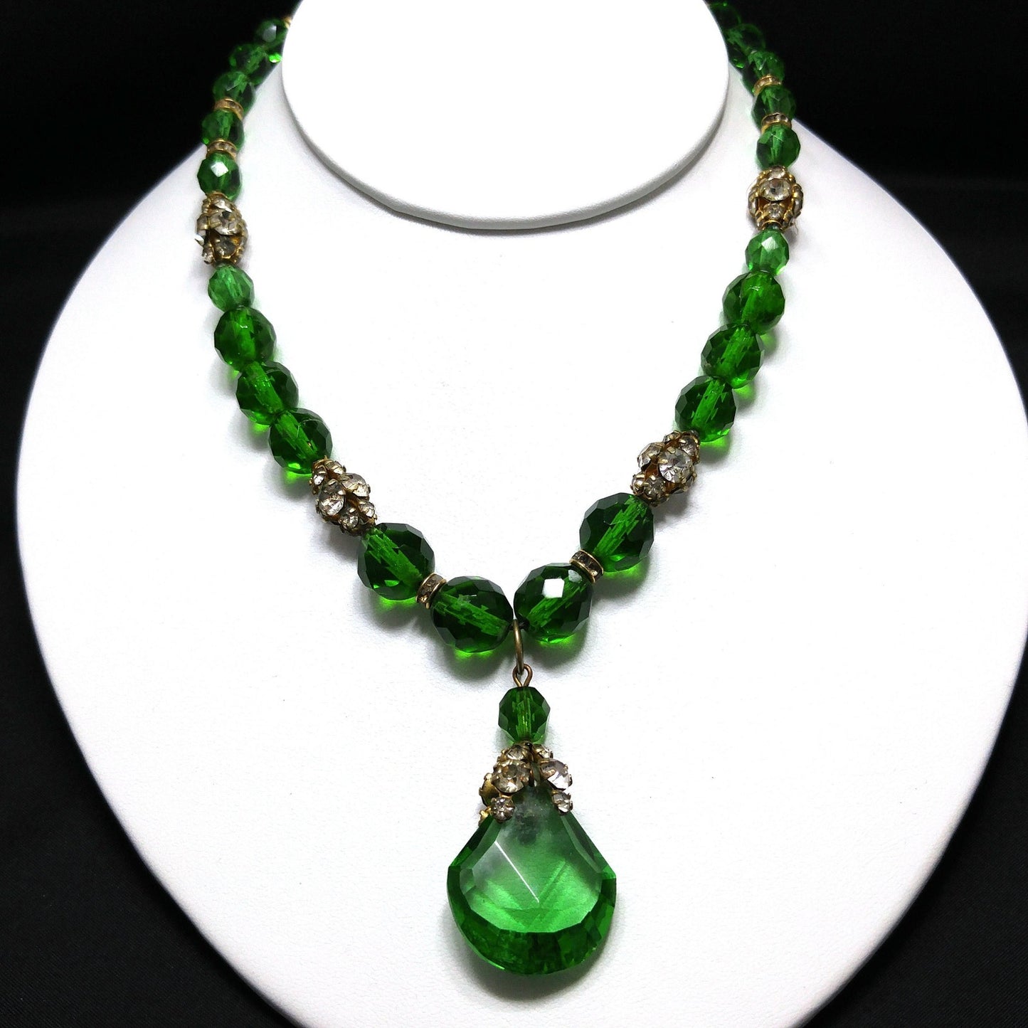 Green Czech Glass Pendant Necklace, Clear Rhinestones, 1950s Vintage Jewelry