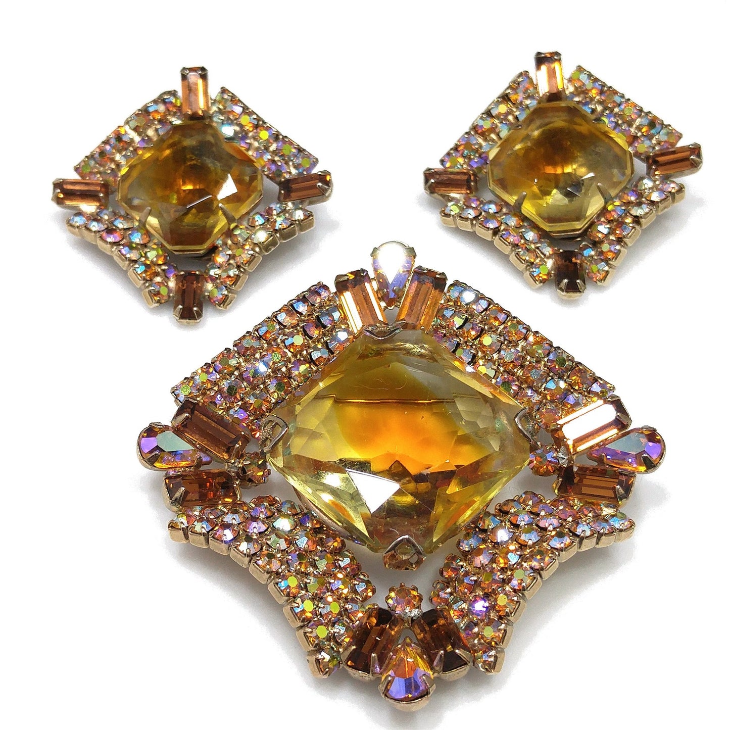 Mid-Century Modern Large Topaz Glass Brooch & Earrings, Gold Plated, 1960s Vintage Jewelry