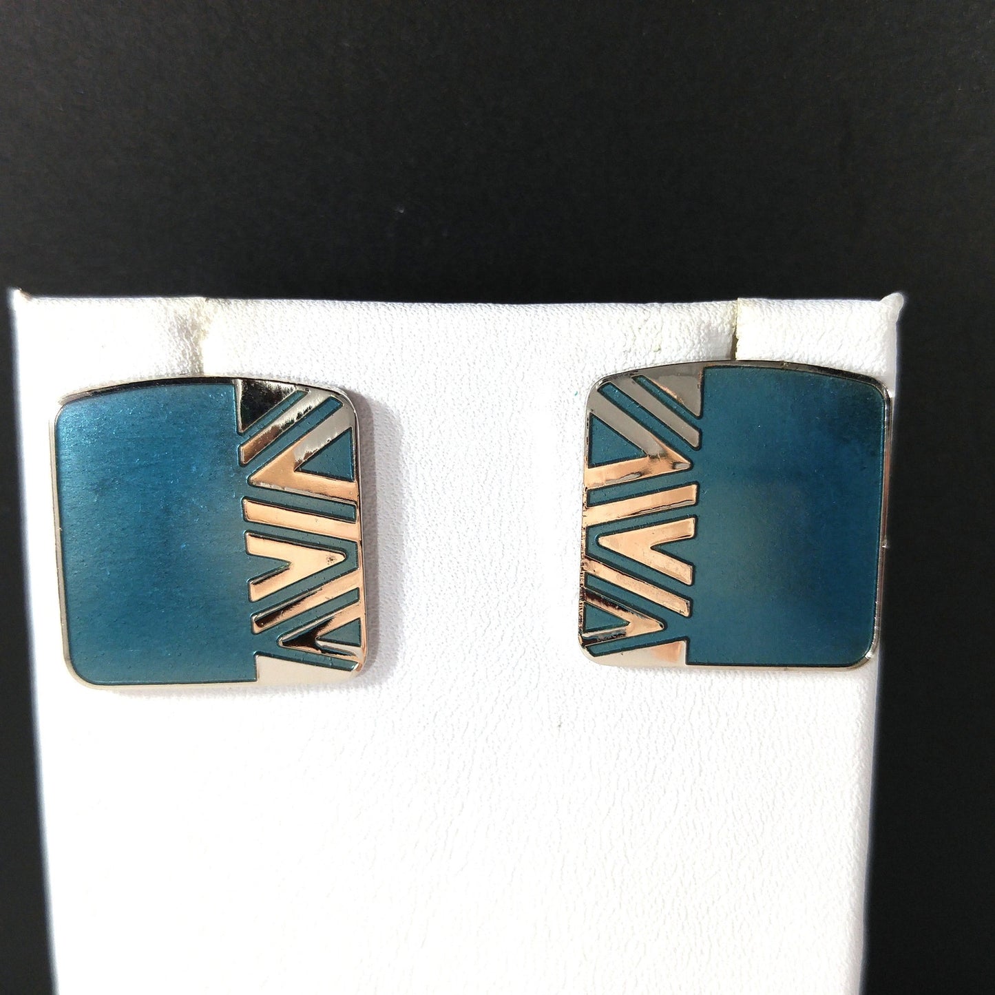 Vintage Laurel Burch Geometric Naito Blue Post Earrings, Rhodium Plated, 1980s